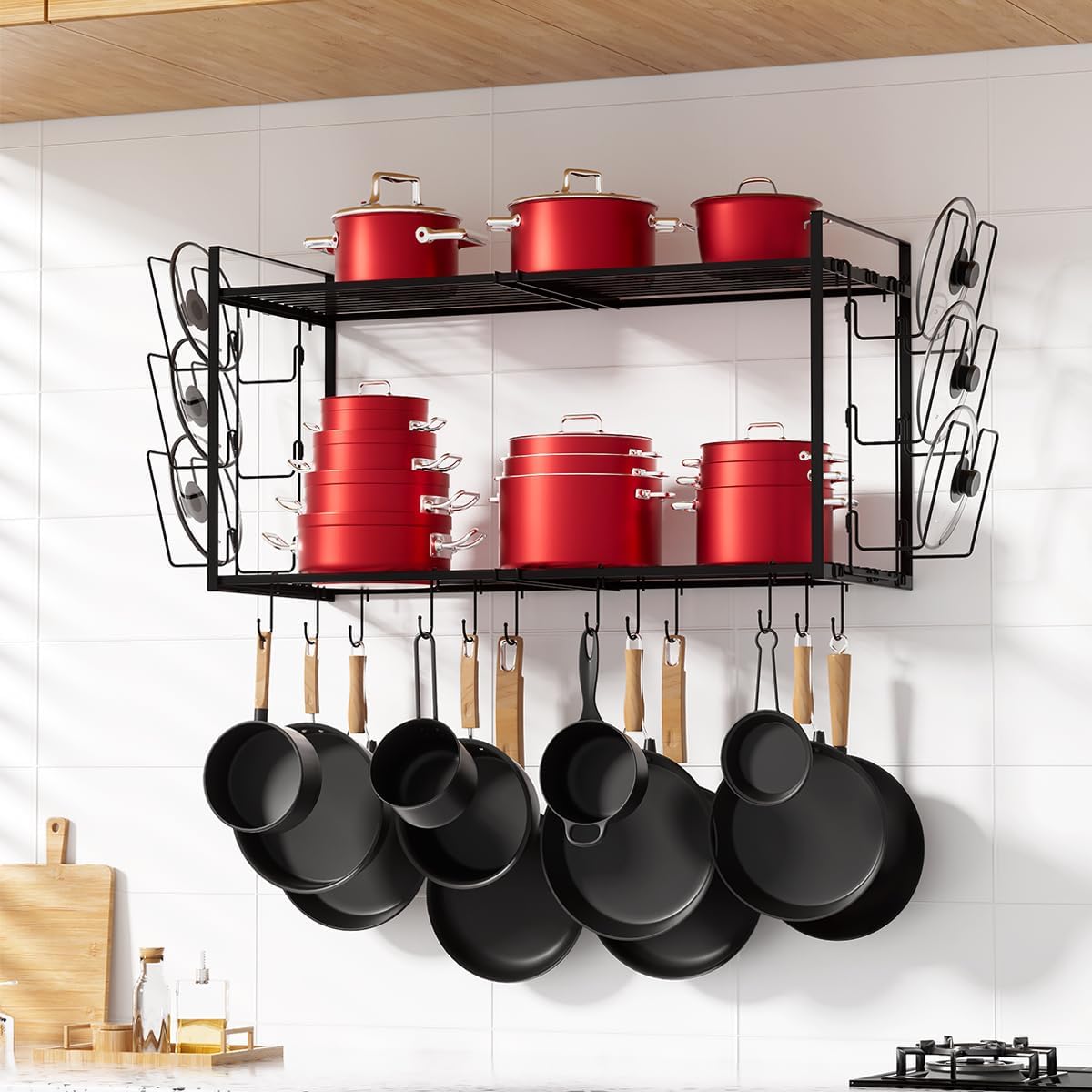 31 Inch Pot Rack Wall Mounted, 2-Tier Hanging Pots and Pans Organizer Expandable Heavy Duty Kitchen Shelves with 6 Pot Lid Holders and 12 Hooks for Kitchen Cookware Utensils Storage