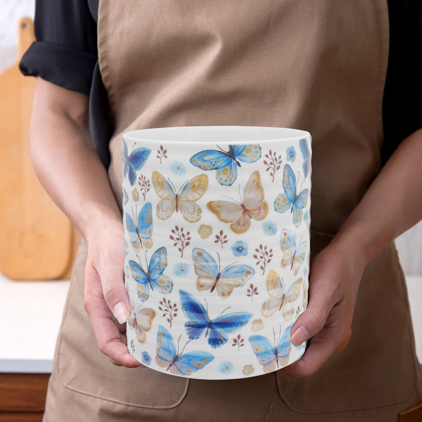 Kitchen Utensil Holder,7.2″Extra Large Stable Pattern Ceramic Utensil Crock,Utensil Organizer for Countertop,Kitchen Decor,Utensil Holder for Housewarming,Wedding Gift (Butterfly)