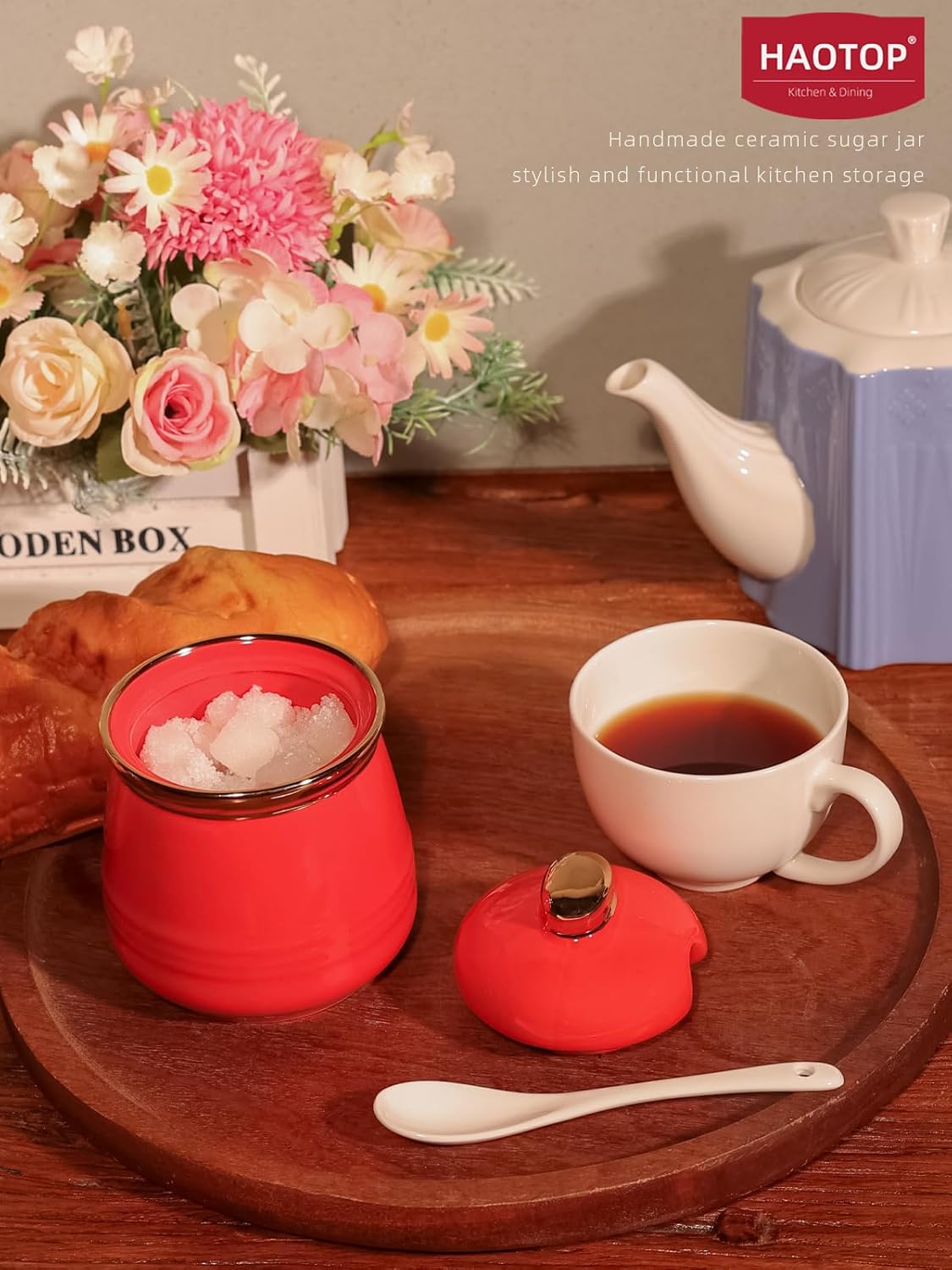 HAOTOP 12oz Sugar Bowl with Lid and Spoon,Simple Ceramic Sugar Jar Sugar Container Sugar Dispenser Coffee Bar Accessories, Modern Kitchen Countertop Canisters, Red