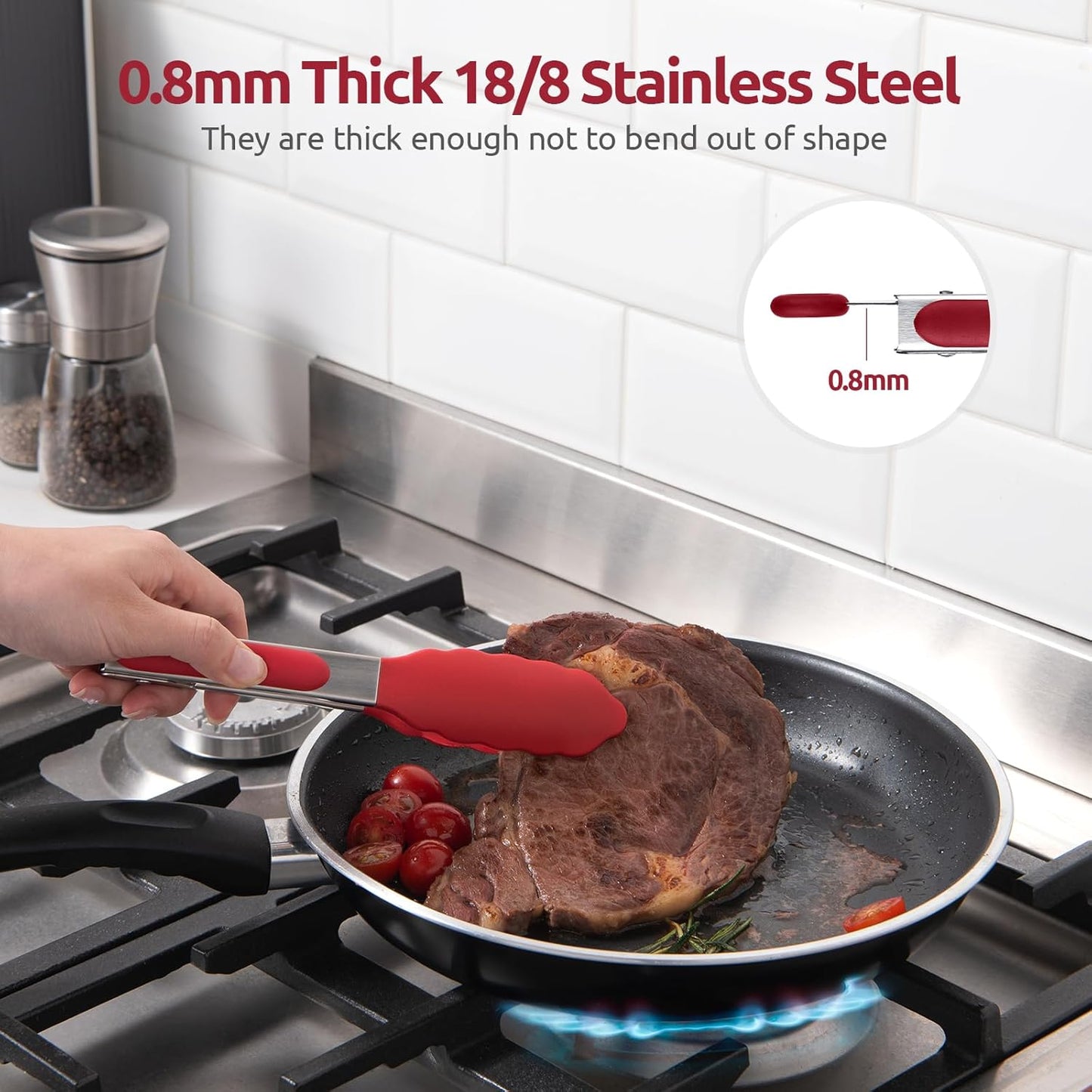 480ºF Heat Resistant Kitchen Tong: U-Taste 7 inch Silicone Cooking Tong with Firm Sealed Non Stick Rubber Tips & Silicon Coated 18/8 Stainless Steel Handle & Smooth Locking for Serving Salad (Red)