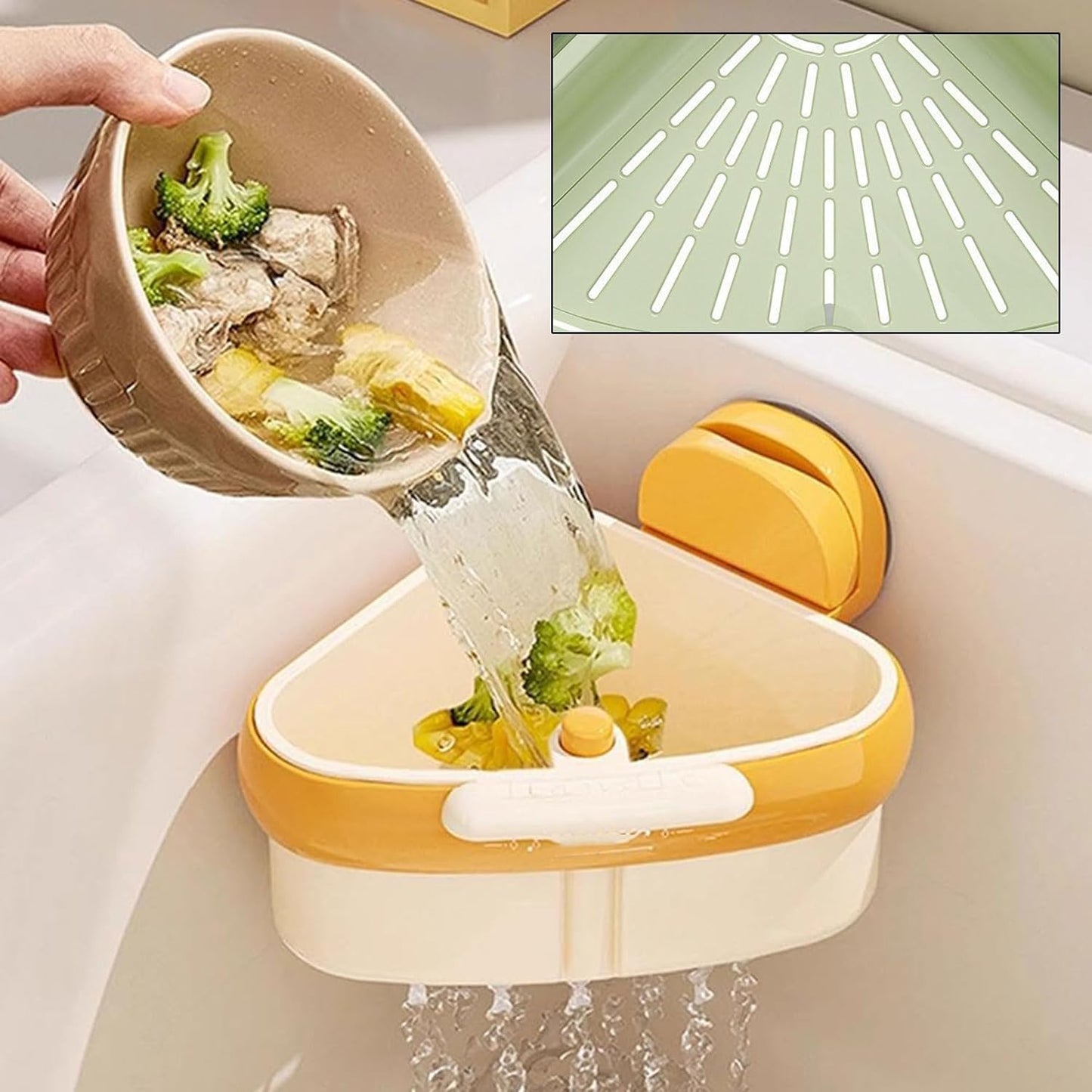 Suction Cup Sink Corner Rack, Triangular Sinks Basket Shelf, Automatic Dumping Corner Sink Strainer with Drain Hole, Food Waste Catcher (Yellow)