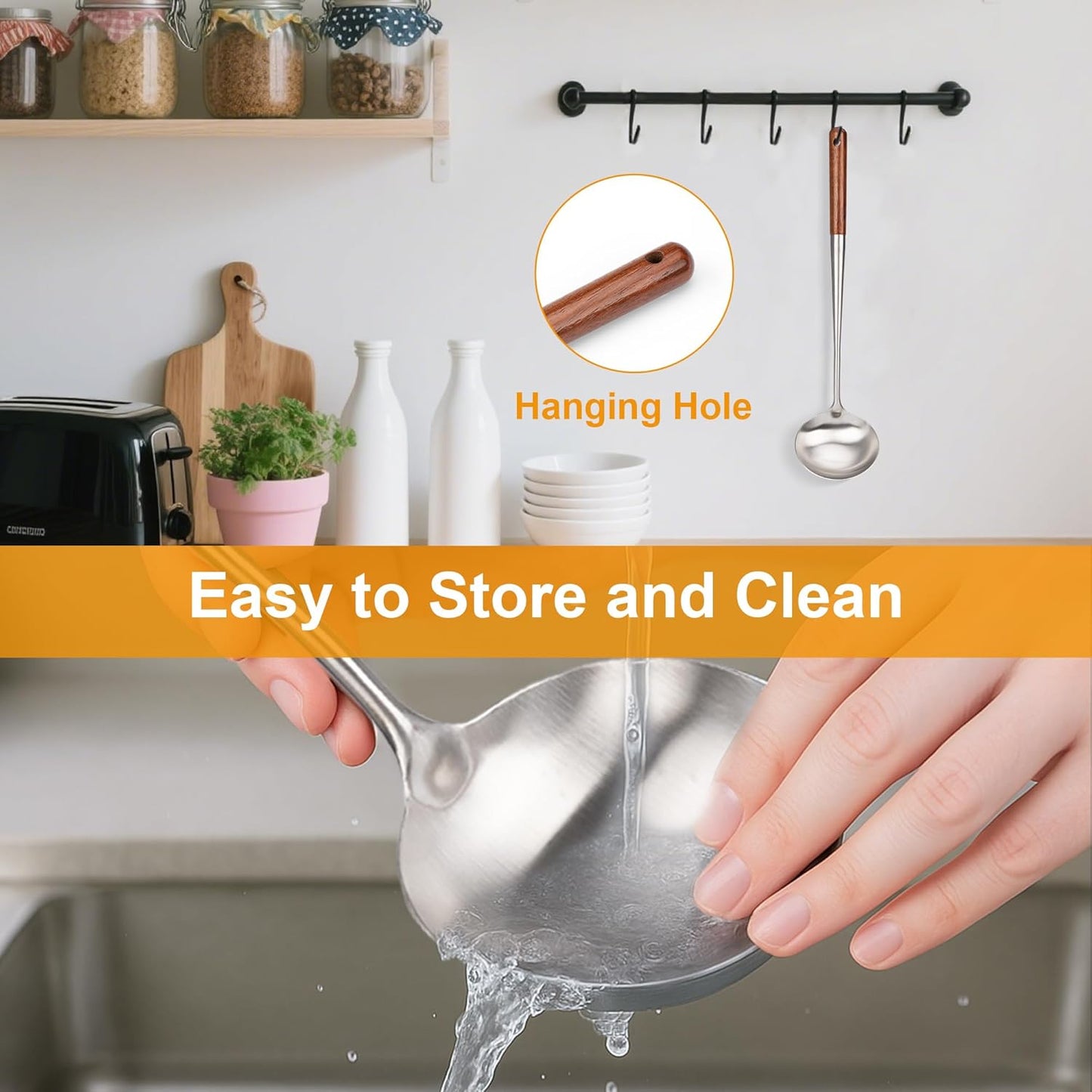 FJNATINH Soup Ladle, Stainless Steel Cooking Ladle for Soup Sauces, Kitchen Ladle Spoon with Heat-proof Wooden Handle, Easy to Clean