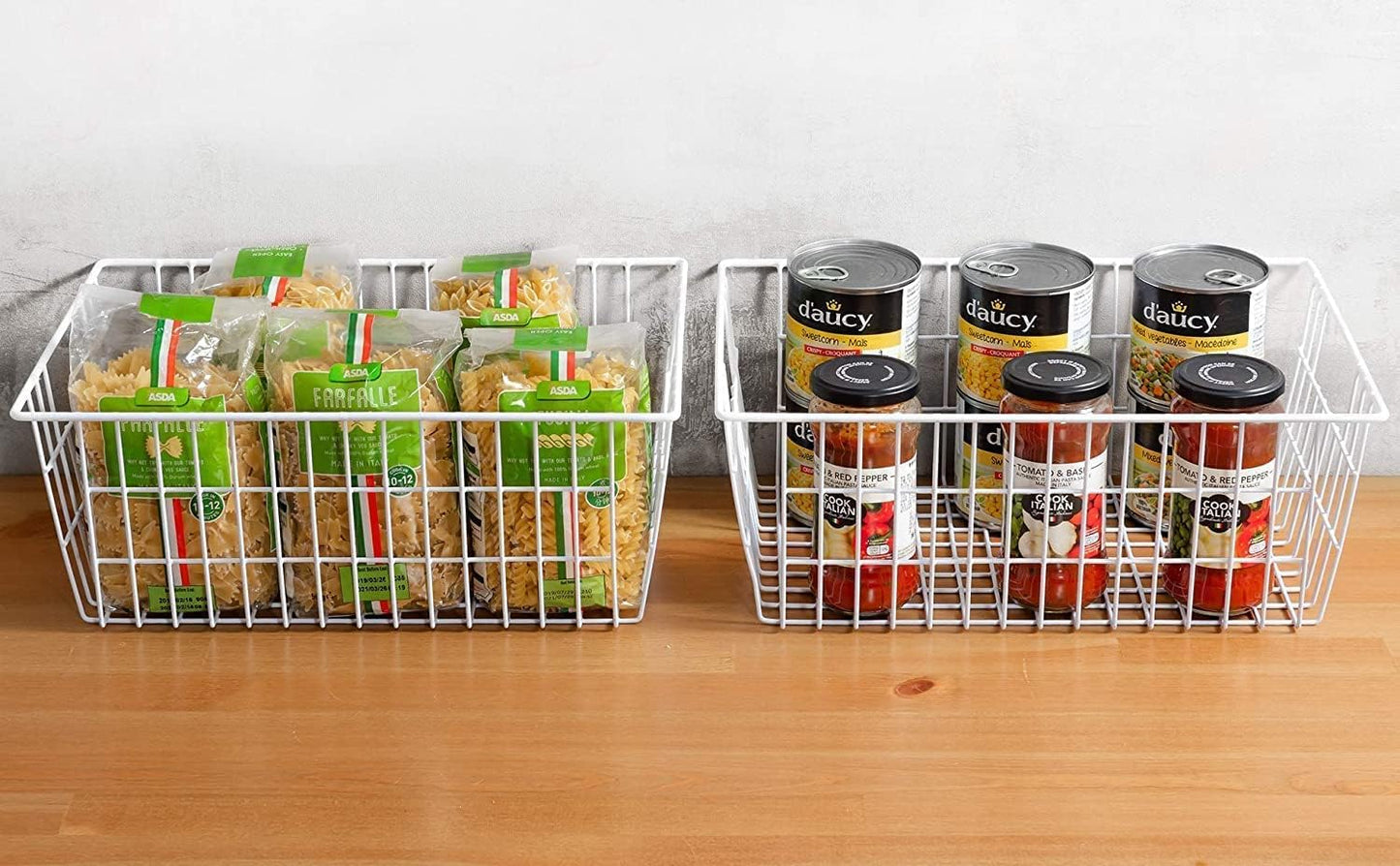 Redrubbit Wire Storage Baskets, Large Farmhouse Metal Freezer Basket Storage Organizer Bins with Handles for Kitchen Cabinets, Pantry, Closets, Bedrooms, Bathrooms, Set of 4, White