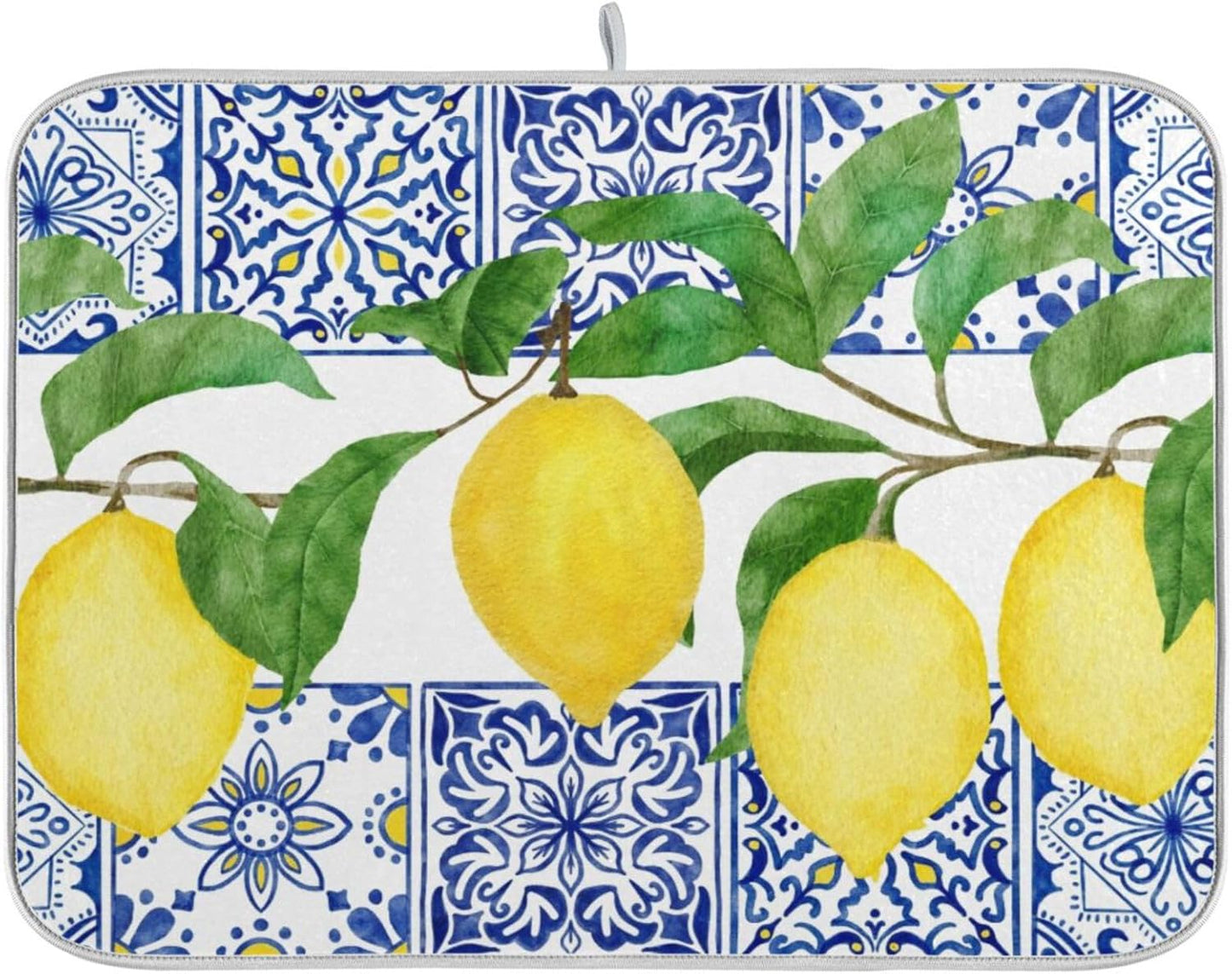 Lemon Blue Tiles Dish Drying Mat for Kitchen Counter Absorbent Microfiber Drying Pad, Medium 16x18 in, Reversible Drainer Mats