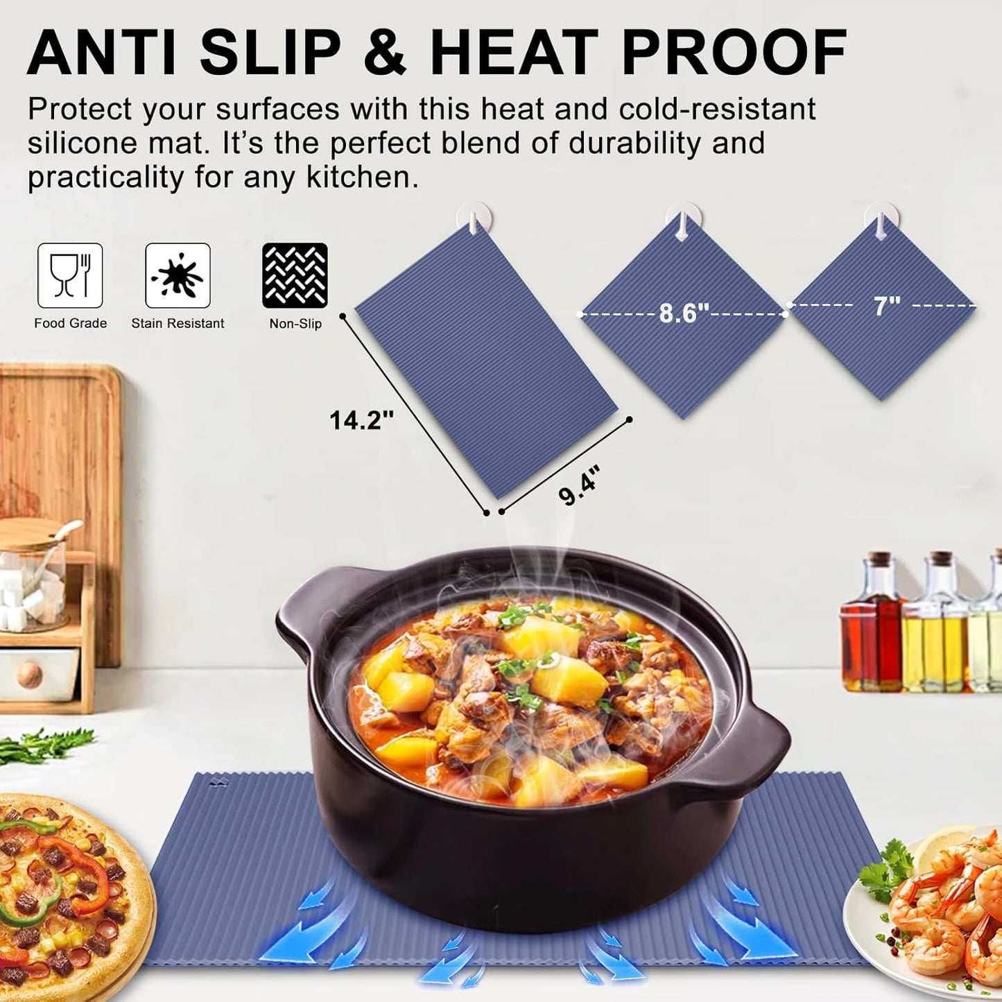 2 Pack 7'' x 7'' Trivets for Hot Dishes, Hot Pads for Kitchen, Silicone Trivets for Hot Pots and Pans, Hot Plates to Protect Table, Heat Resistant Silicone Trivet Grey (Blue, 7"x7")