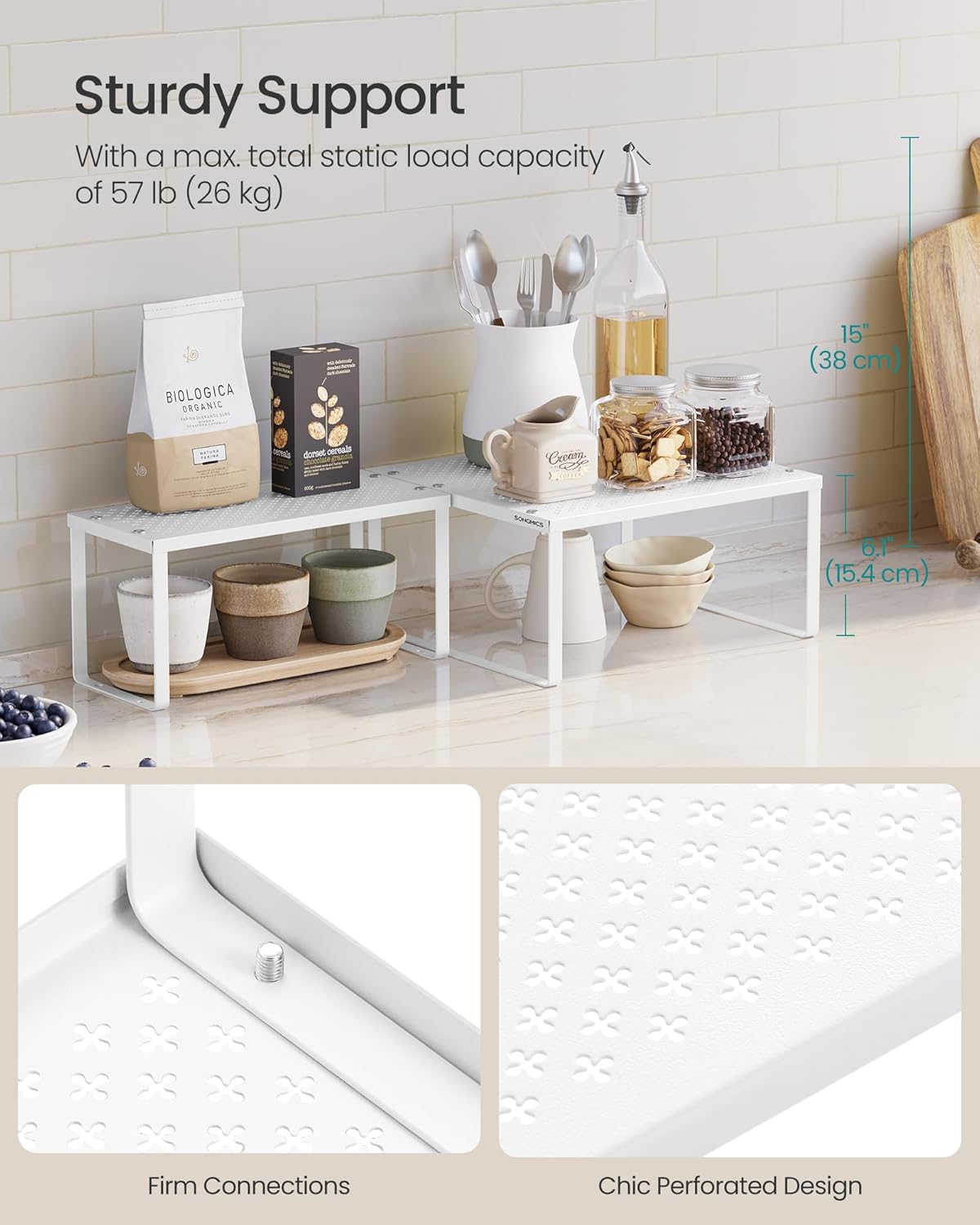 SONGMICS Spice Racks, Set of 2 Metal Cabinet Shelf Organizers, Countertop Organizers, Shelf Risers, Stackable, Expandable, White UKCS005W01