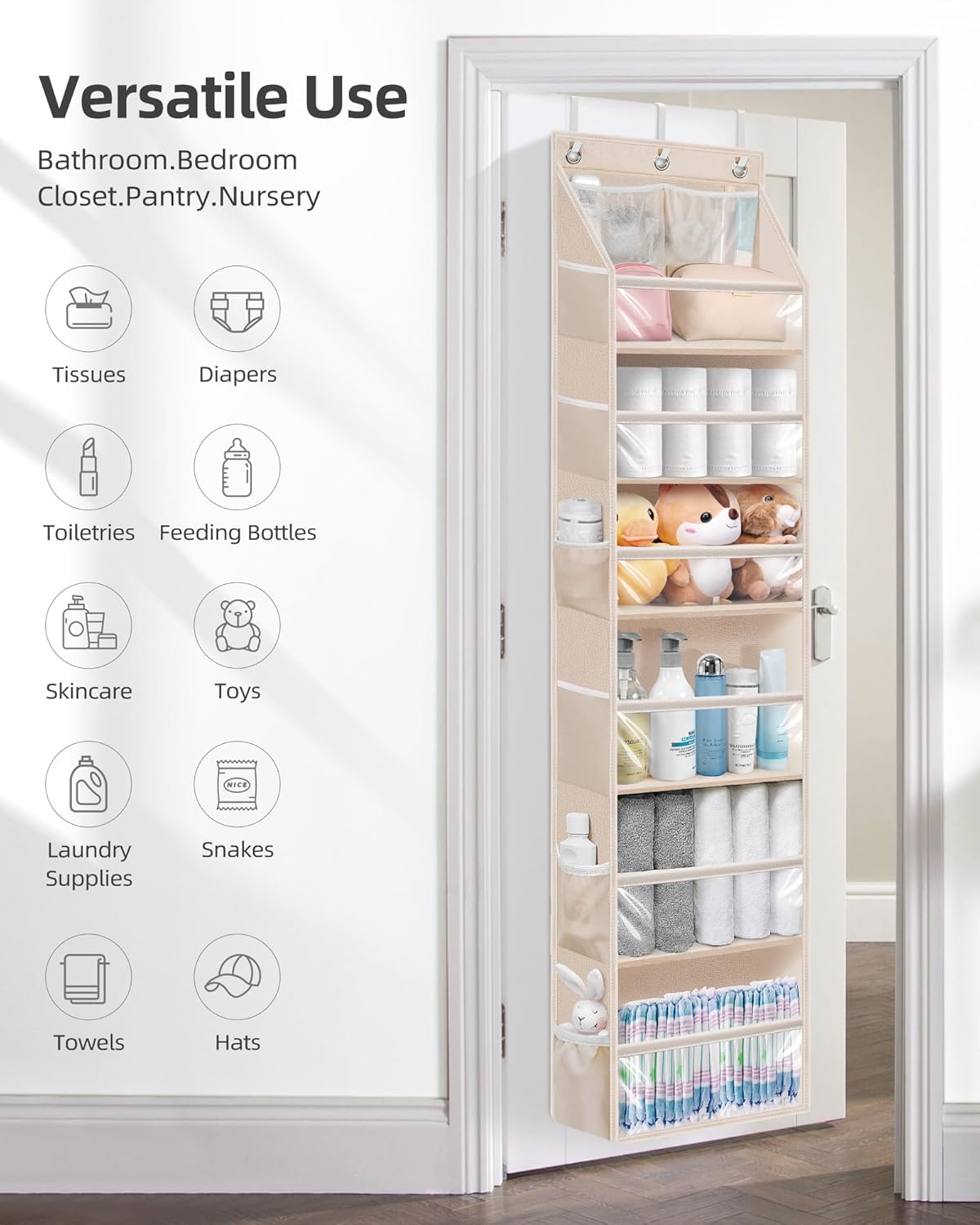 STORAGE MANIAC Over the Door Organizer Large Capacity Hanging Organizer, Clear Deep Pockets Behind Door Closet Organizer and Storage for Nursery, Bathroom, Bedroom, Pantry, 1 Pack Oat Beige