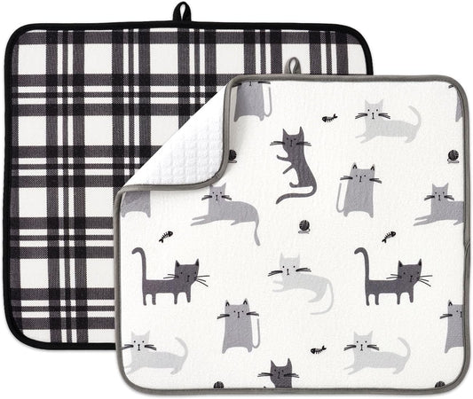 FRESHMINT Printed Dish Drying Mat Set for Kitchen Counter Absorbent Reversible Drying Mats Microfiber Kitchen Countertop Protector Dishes Pad 2 Pack Large Dish Drainer Rack Mat, 18" x 16"