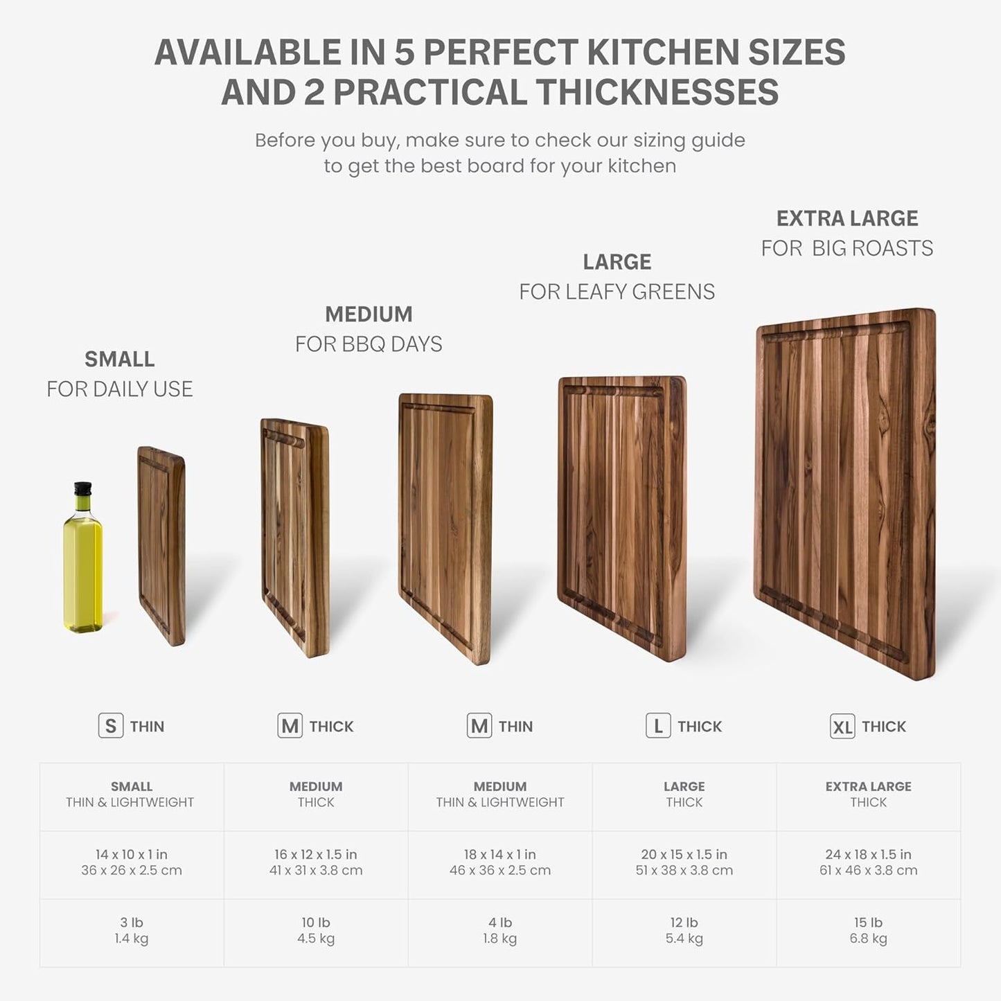 Teakhaus Cutting Board - Small (S) Wood Cutting Board with Juice Groove and Grip Handles - 14”L x 10”W - Thin, Lightweight, Reversible Teak Edge Grain Wood - Knife Friendly - FSC Certified