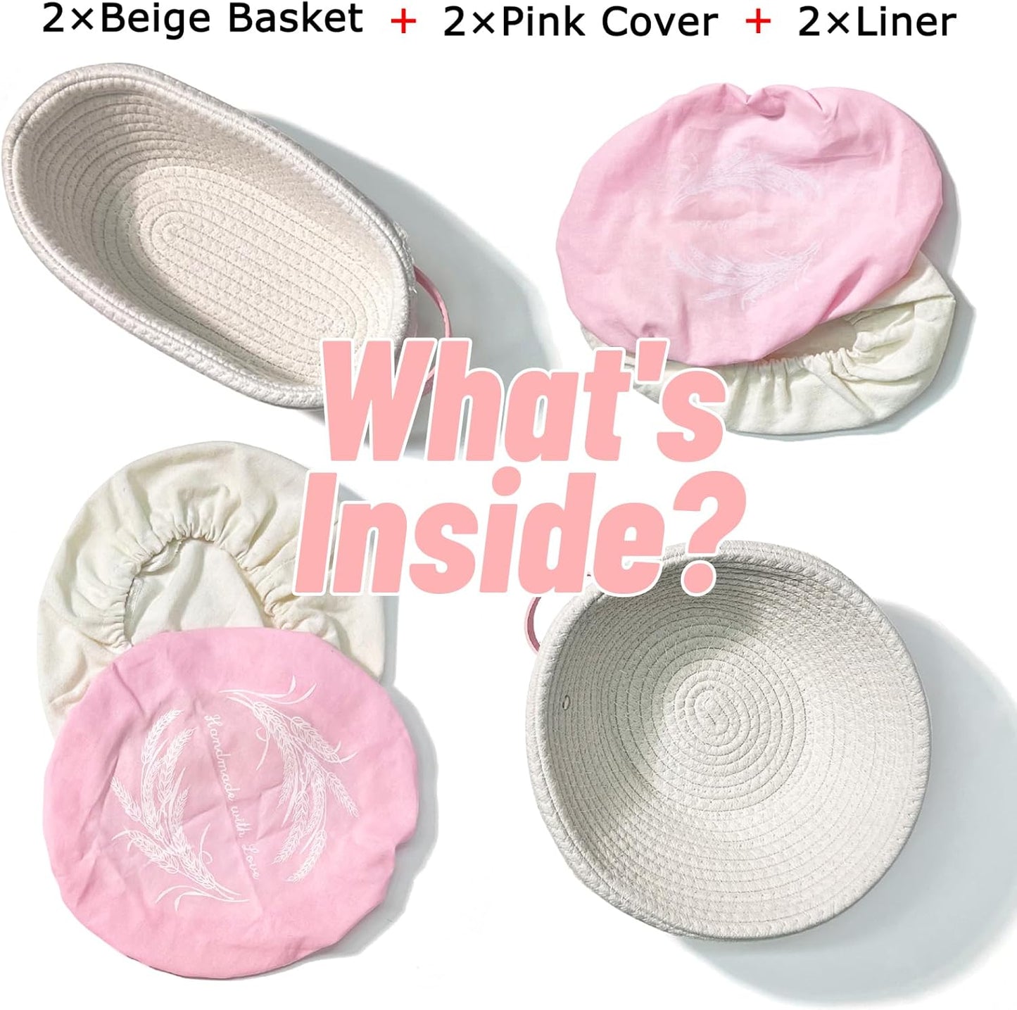 Bread Proofing Basket, 2 Set, Oval & Round Baskets with Cloth Liners & Pink Covers - Artisan Sourdough Baking Supplies, Decorative Baking Tools for Kitchen & Gift for Baker