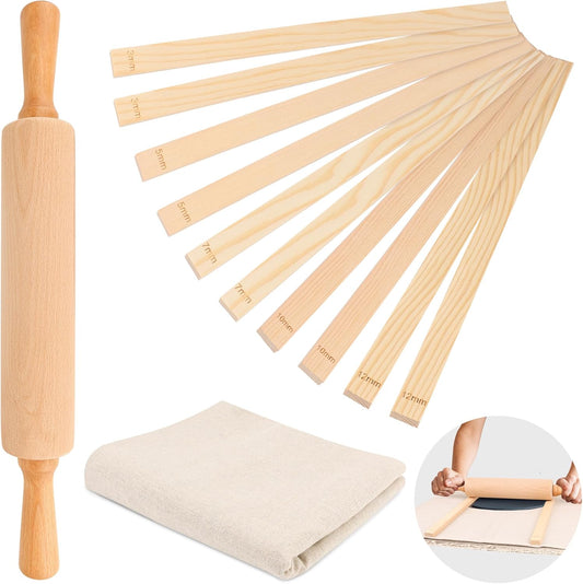12 Pcs Pottery Tools Teaching Set, Include17in Slab Roller for Clay Pottery and 10 Pcs 5 Size Wooden Rolling Pin Guides, 1 Linen Tablecloth for Ceramic Clay Making