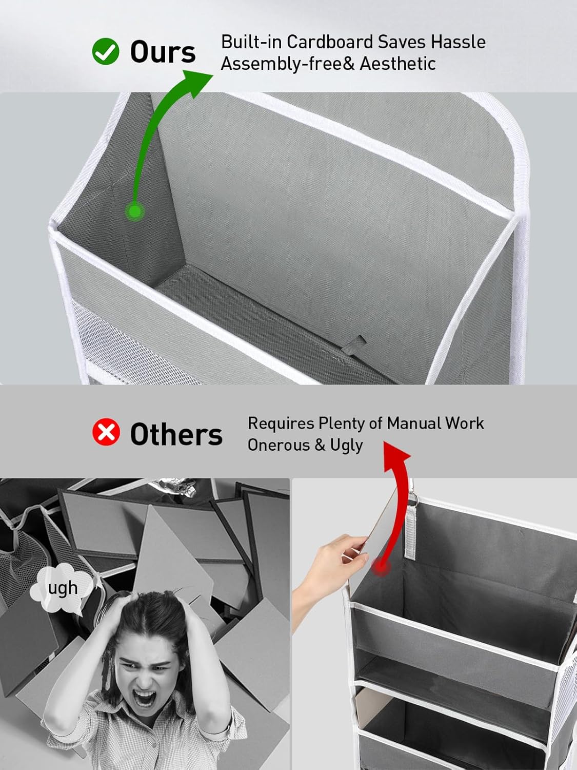 Yecaye 1 Pc Over the Door Organizer with 5 Bins 10 Side Pockets, 44lbs Load Hanging Bathroom and Bedroom Organizer, behind the Door Hanging Organizers for Nursery Newborn Baby Essential Stuff Grey