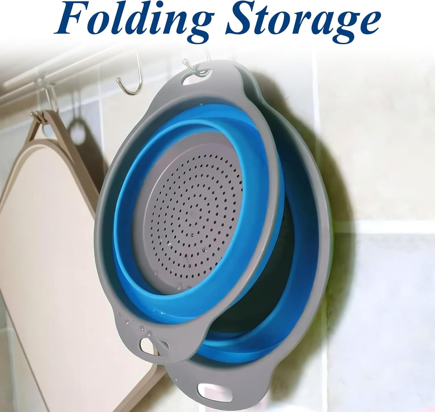 Collapsible Colander Set of 3, Space-Saving Foldable Strainer for Kitchen, 3 Sizes Food Strainer for Draining Pasta, Vegetable and Fruit, Kitchen Gadgets for Home Use and Outdoor Camping (Blue)