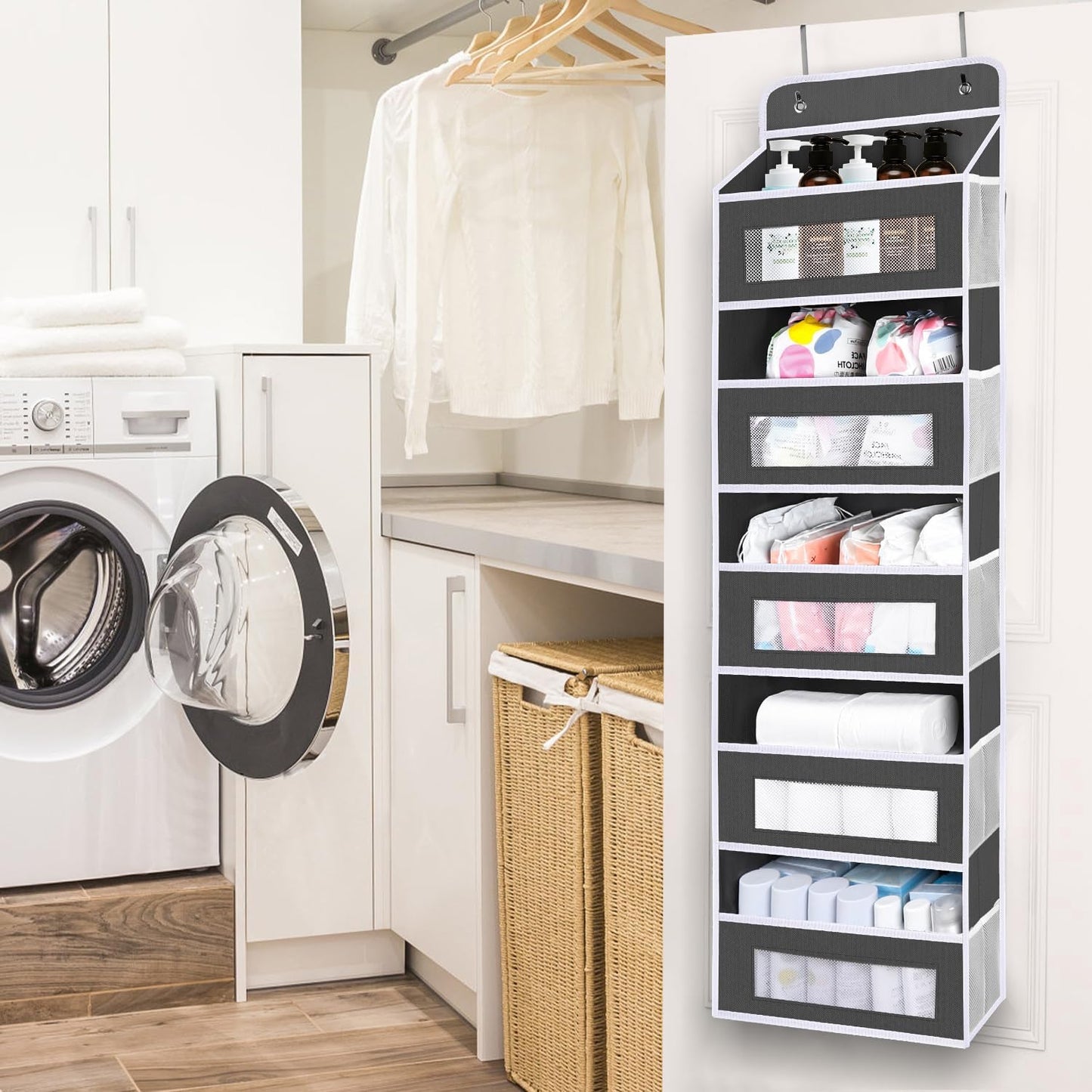 Upgrade Pocket Over The Door Organizer Storage, 5 Shelf Hanging Door Organizers with 10 Large Capacity Pockets, Anti Tilt 48 lb Load Behind Door Organizer for Bedroom, Bathroom, Pantry