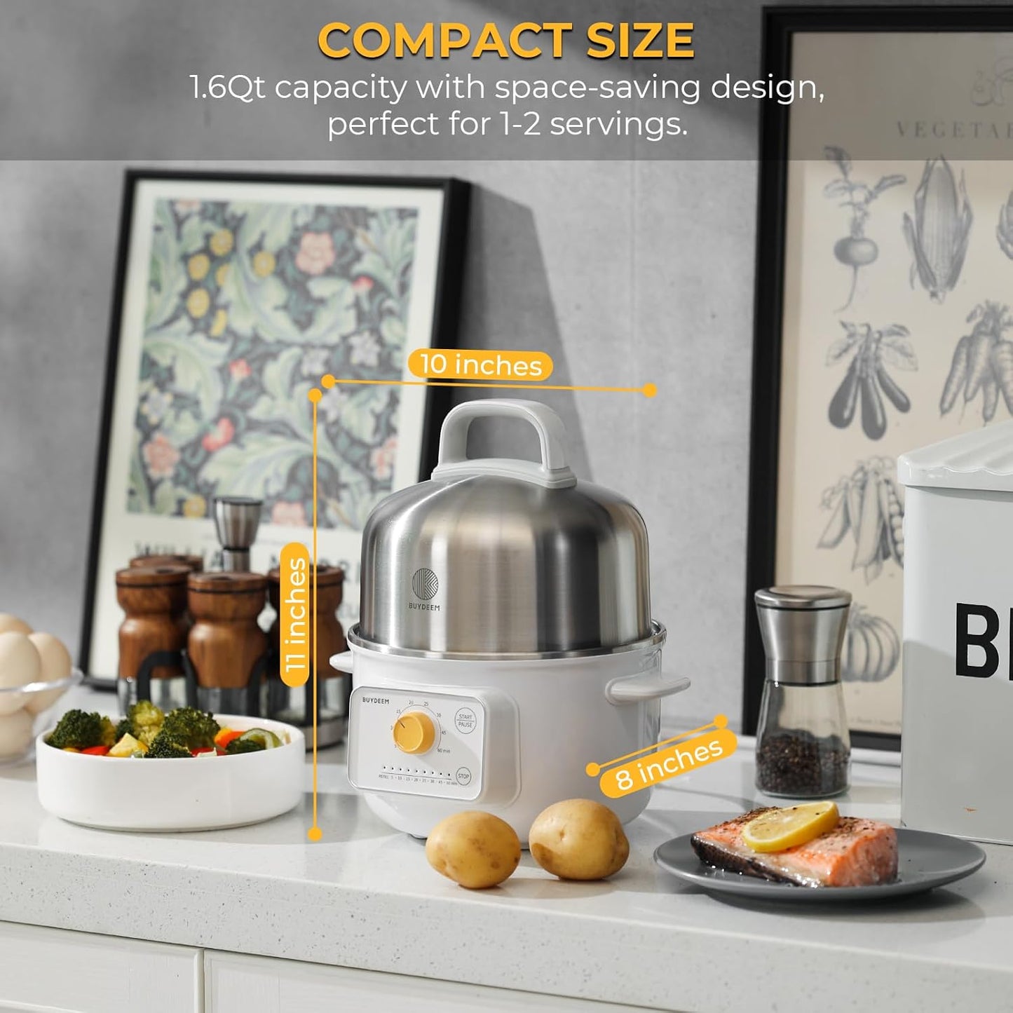 BUYDEEM G32 Electric Food Steamer 1.6QT, Stainless Steel Steamer for Vegetable Egg Seafood, 8 Time Settings, Triple Dry Protection, Quick Steam, Healthy Cooking for 1-2 Servings, Arctic White