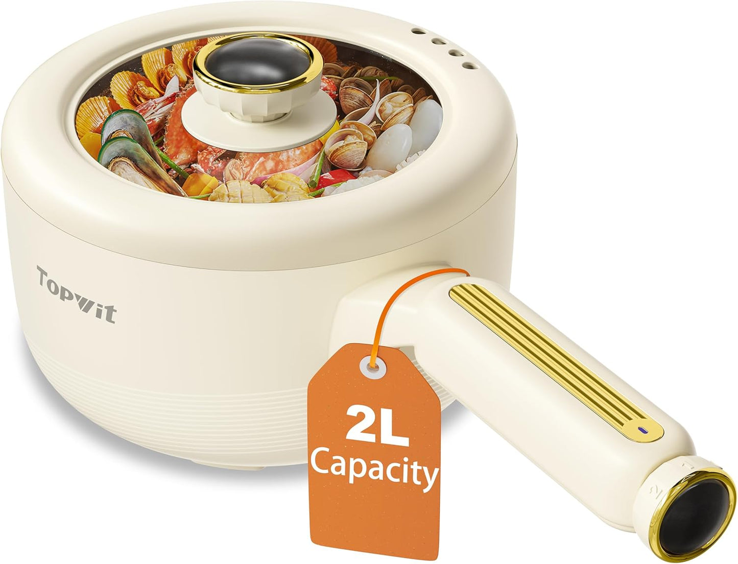 TOPWIT Hot Pot Electric, 2L Multifunctional Electric Pot, Non-Stick Sauté Pan, Portable Pot for Steak, Egg, Fried Rice, Ramen, Soup with Dual Power Control (Silicone Spatula Included), Beige