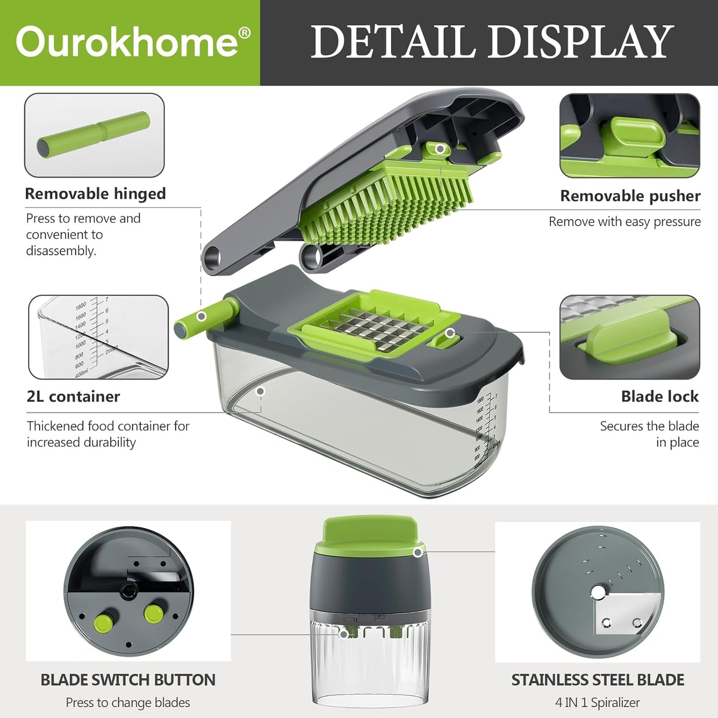 Ourokhome Onion Chopper Dicer with Container, Manual Food Cutter with Handheld Veggie Spiral, Hand Vegetable Mandolin slicer for Potato, Tomato, Carrot, Essential Kitchen Gadget (6 in 1, Gray)