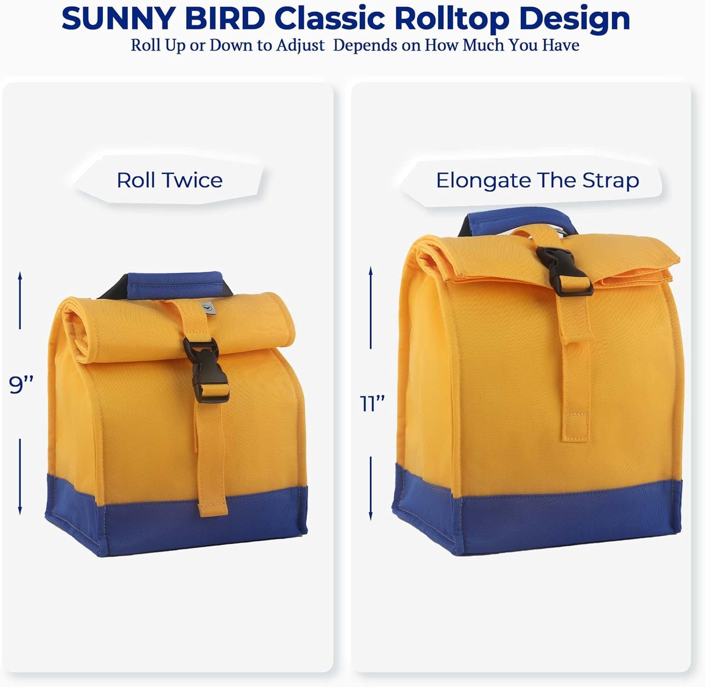 SUNNY BIRD Insulated Lunch Bag Rolltop Lunch Box Tote Lunchbox Bag for Women, Men, Boys and Girls (Yellow)