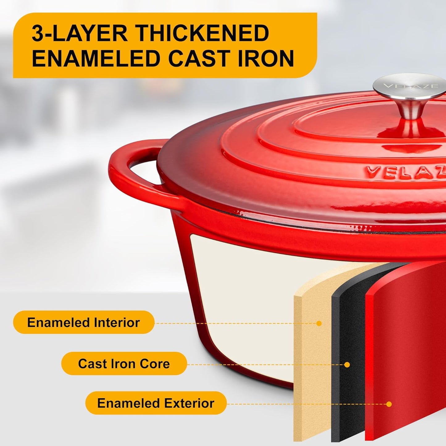 Velaze 7.5 QT Enameled Oval Dutch Oven Pot with Lid, Cast Iron Dutch Oven with Dual Handles for Bread Baking, Cooking, Frying, Non-stick Enamel Coated Cookware (RED)