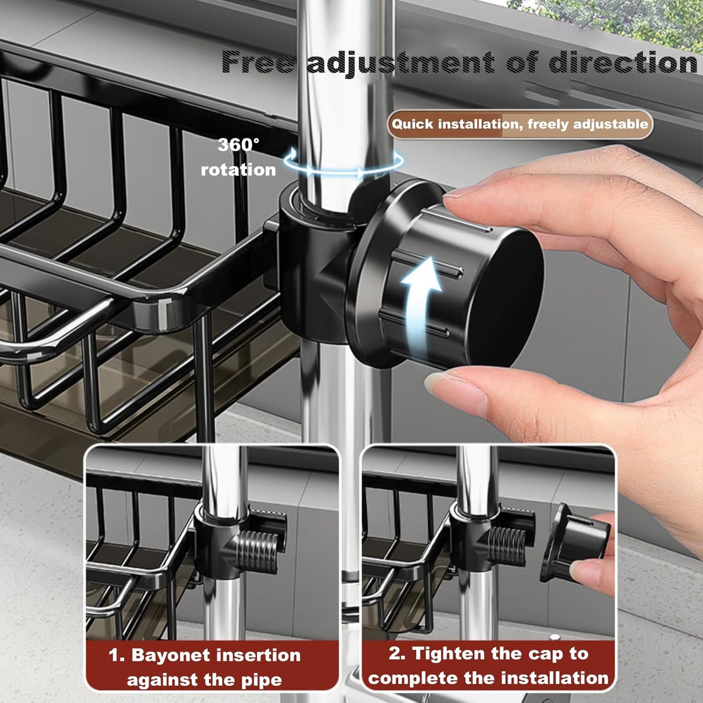 Sink Organizer Rack for Kitchen and Bathroom, 2024 New Stainless Steel Detachable Hanging Faucet Drain Rack with Drip Tray Faucet Sponge Holder for Bathroom (Black, Right)