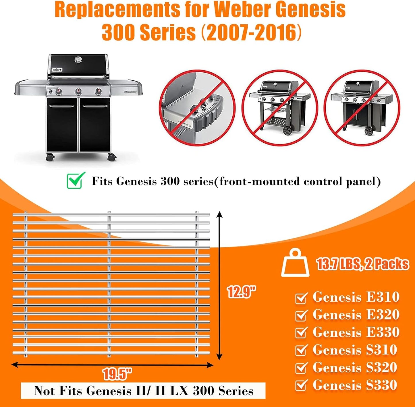 GRISUN 19.5" Grill Grates for Weber Genesis 300 Series, Genesis E310 E320 E330 S310 S320 S330 EP310 EP320, Replacement Cooking Grates for Weber 7528 7524, 304 Stainless Steel
