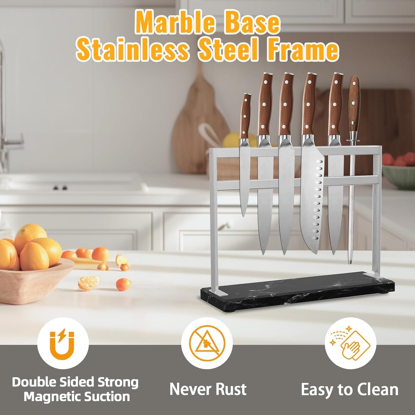 Magnetic Knife Stand Block with Marble Base, Double-sided Stainless Steel Magnets for Countertop, Magnetic Knife Holder for Kitchen Storage, 12 IN, Black