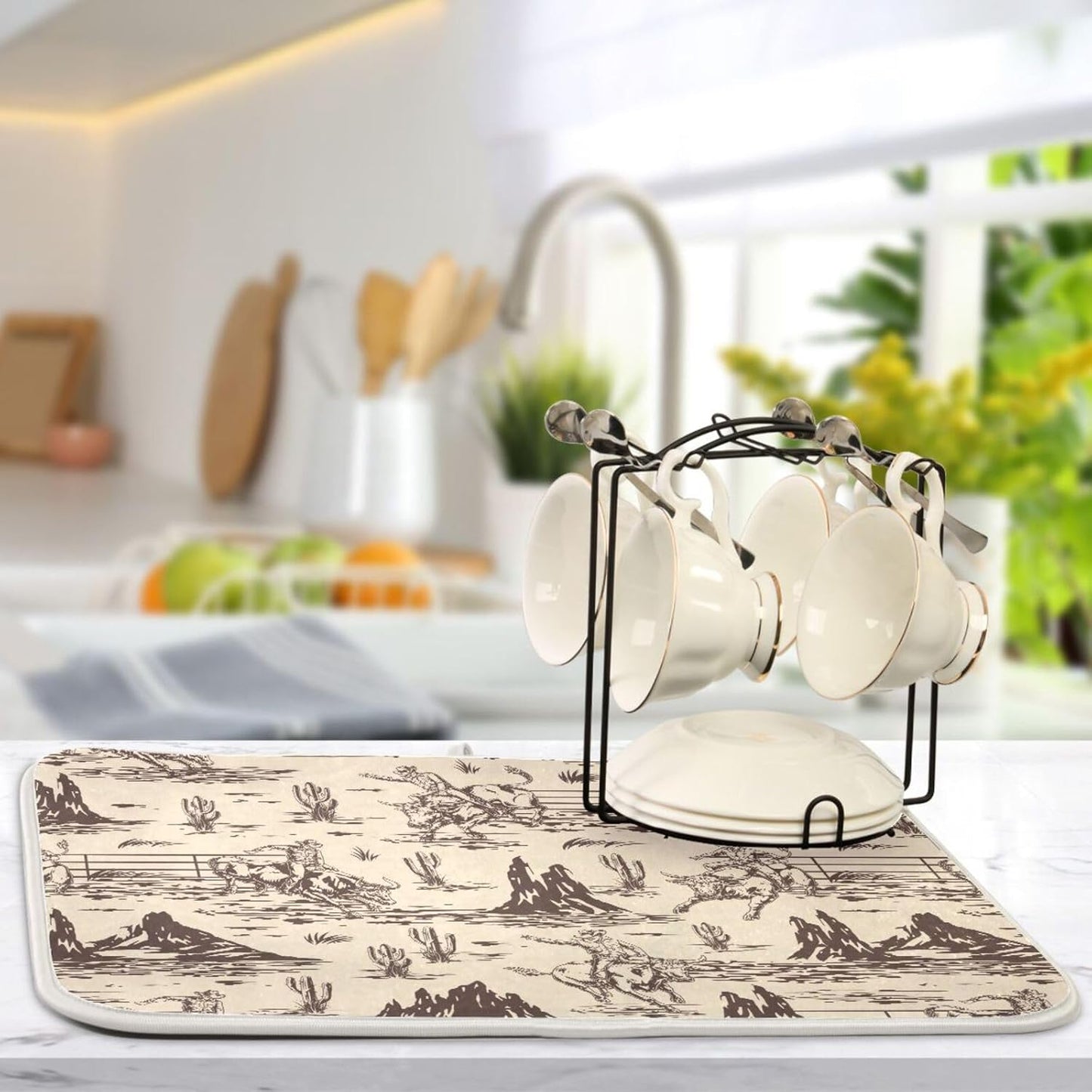 West Cactus Cowboy Dish Drying Mat for Kitchen Counter Absorbent Microfiber Drying Pad, Medium 16x18 in, Reversible Drainer Mats