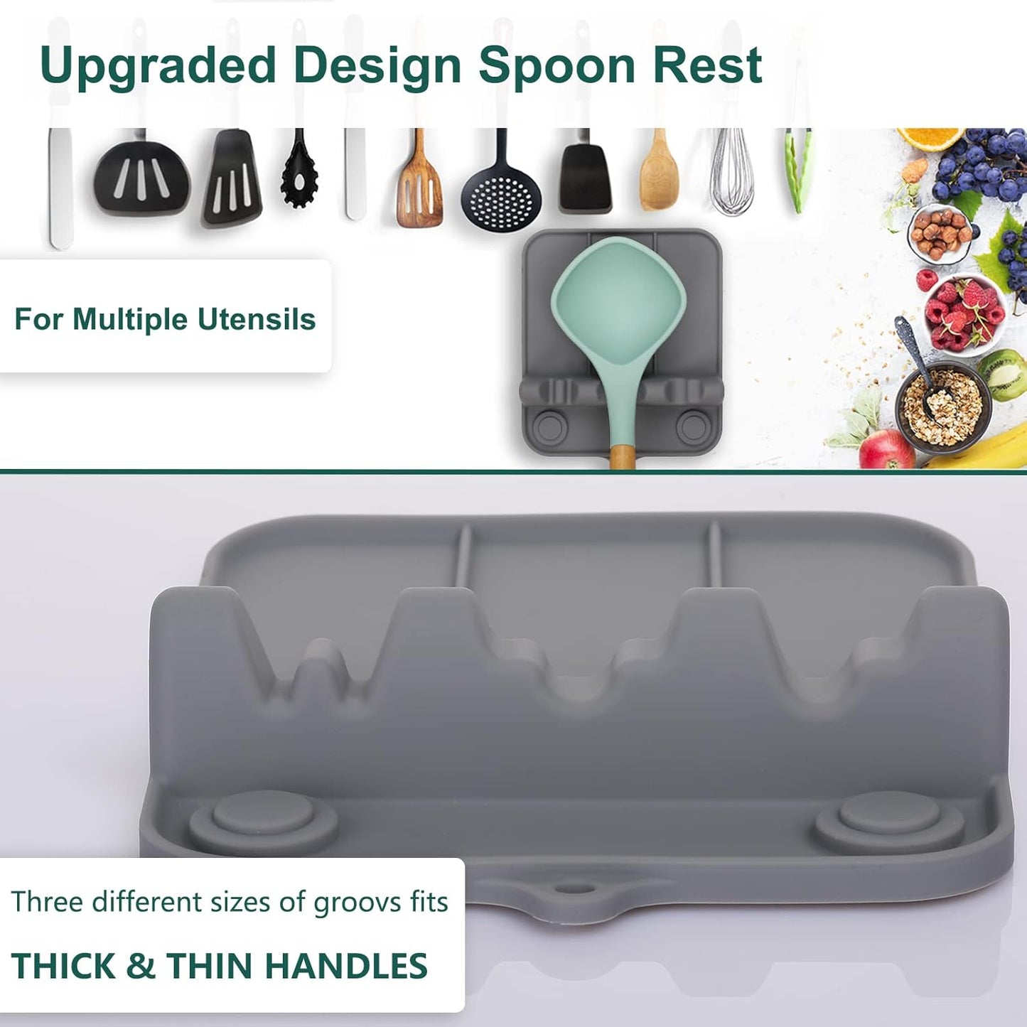 Spoon Rest, Silicone Spoon Holder for Stove Top with Drip Pad Suitable for Multiple Kitchen Gadgets, 3 Grooves Upgraded Utensil Rest for Kitchen Counter, Heat Resistant Dishwasher Safe Gray