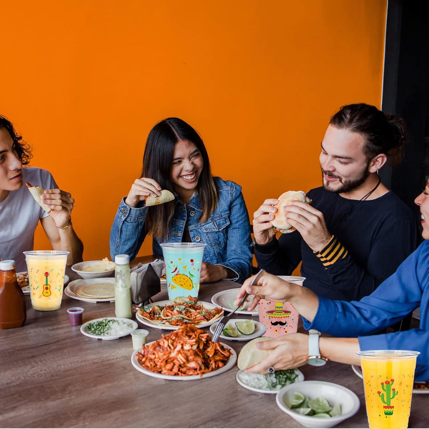 meekoo 50 Pack 12 oz Fiesta Cups Plastic Mexican Cups Clear Disposable Mug Cinco De Mayo Party Decorations for Fiesta Taco Birthday Party Drinkware Supplies, 4 Styles