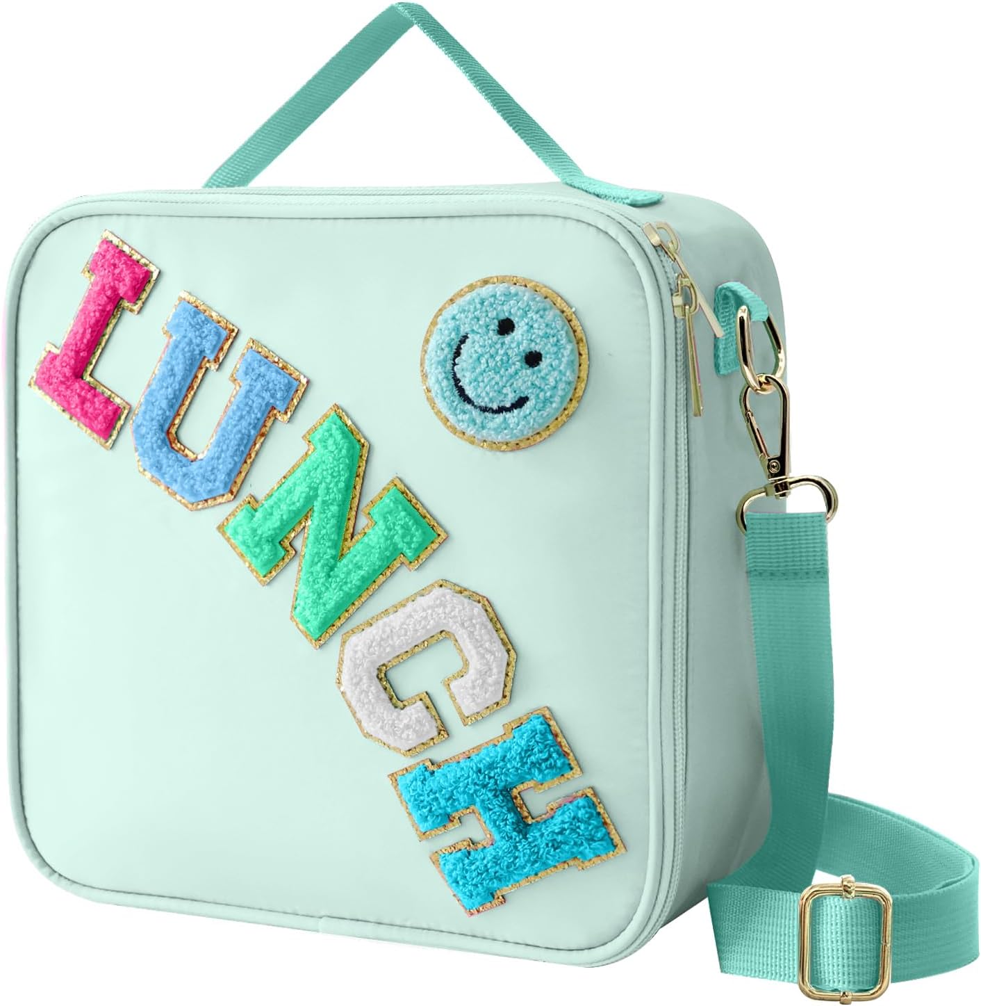 Insulated Lunch Bag With Adjustable Shoulder Strap, Nylon Preppy Lunch Box Large Insulated Lunch Bag Reusable Lunch Tote Bag with Smiley Preppy LunchBag for Girls School Travel Picnic (Green)