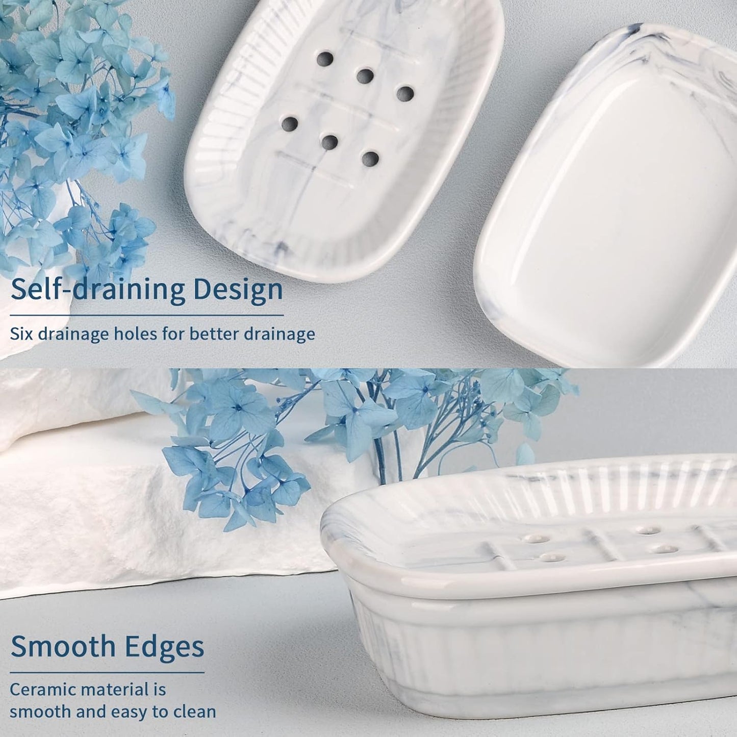 Ceramic Soap Dish, Self-draining Soap Holder, Double Layer Bar Soap Holder Marble Blue, Draining Soap Dishes for Bathroom Shower Kitchen, Easy to Clean, Keep Soap Dry, ANTIS'S HOME