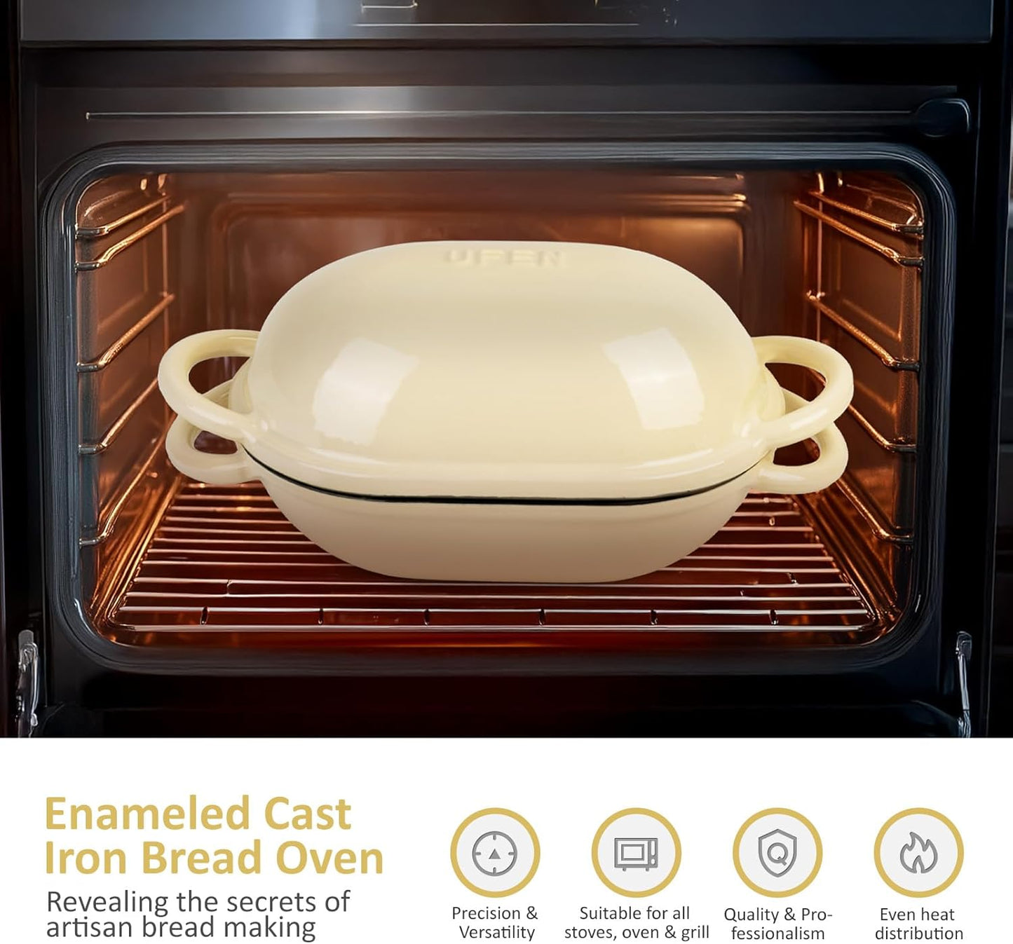 Dutch Oven for Bread Baking – Premium Cast Iron Pot with Lid – Perfect for Sourdough, Artisan Loaves & No-Knead Bread – 2 QT / 1.9L (Enameled, Round, Oven & Stovetop Safe), White