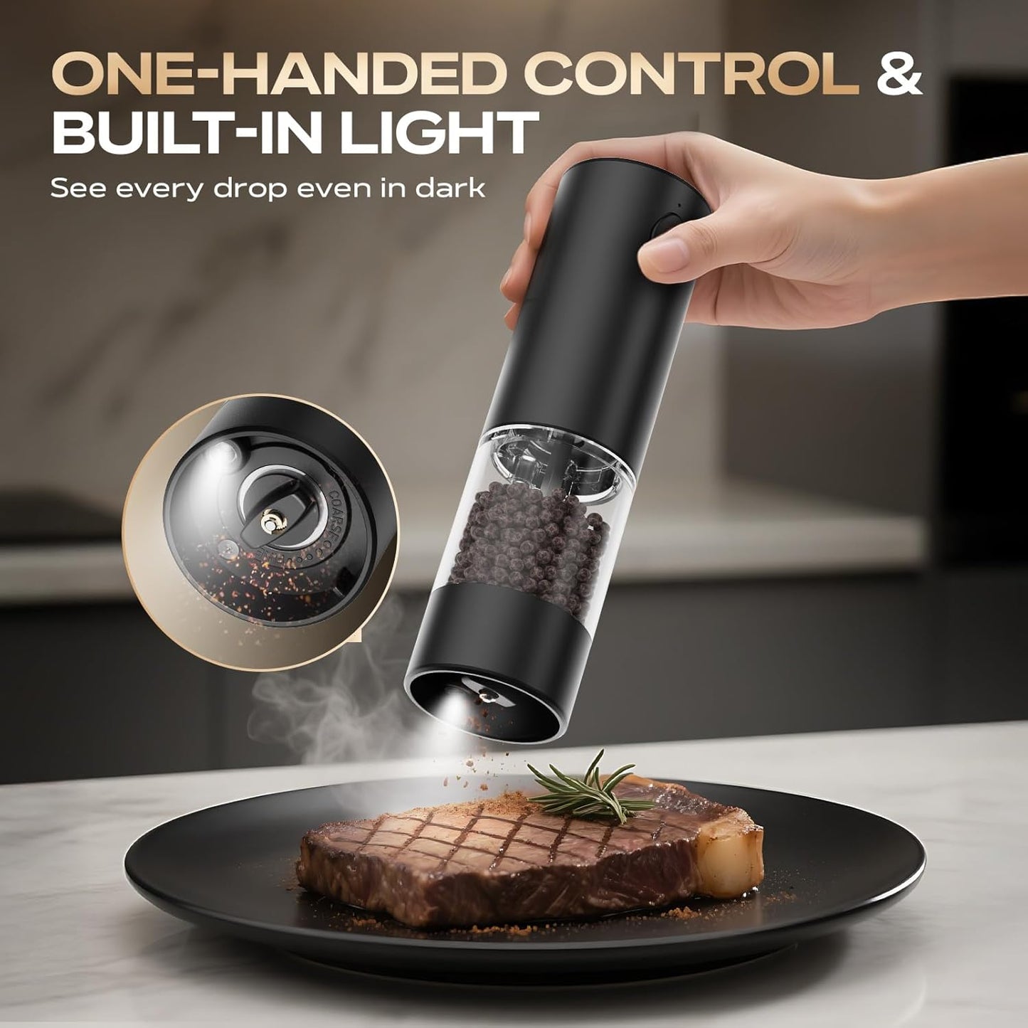 Electric Salt and Pepper Grinder Set, Rechargeable Automatic Salt Pepper Shakers Mills, Adjustable Coarseness Easy Filling with Base, for Kitchen Outdoors Gift- 2 Packs, Upgrade Black