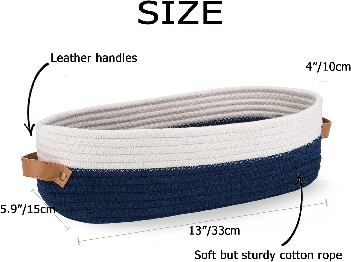 Toilet Basket,Woven Storage Basket for Toilet Tank Top Farmhouse Home Decor Organizing Baskets 13"x5.9"x4" Navy Stitching White