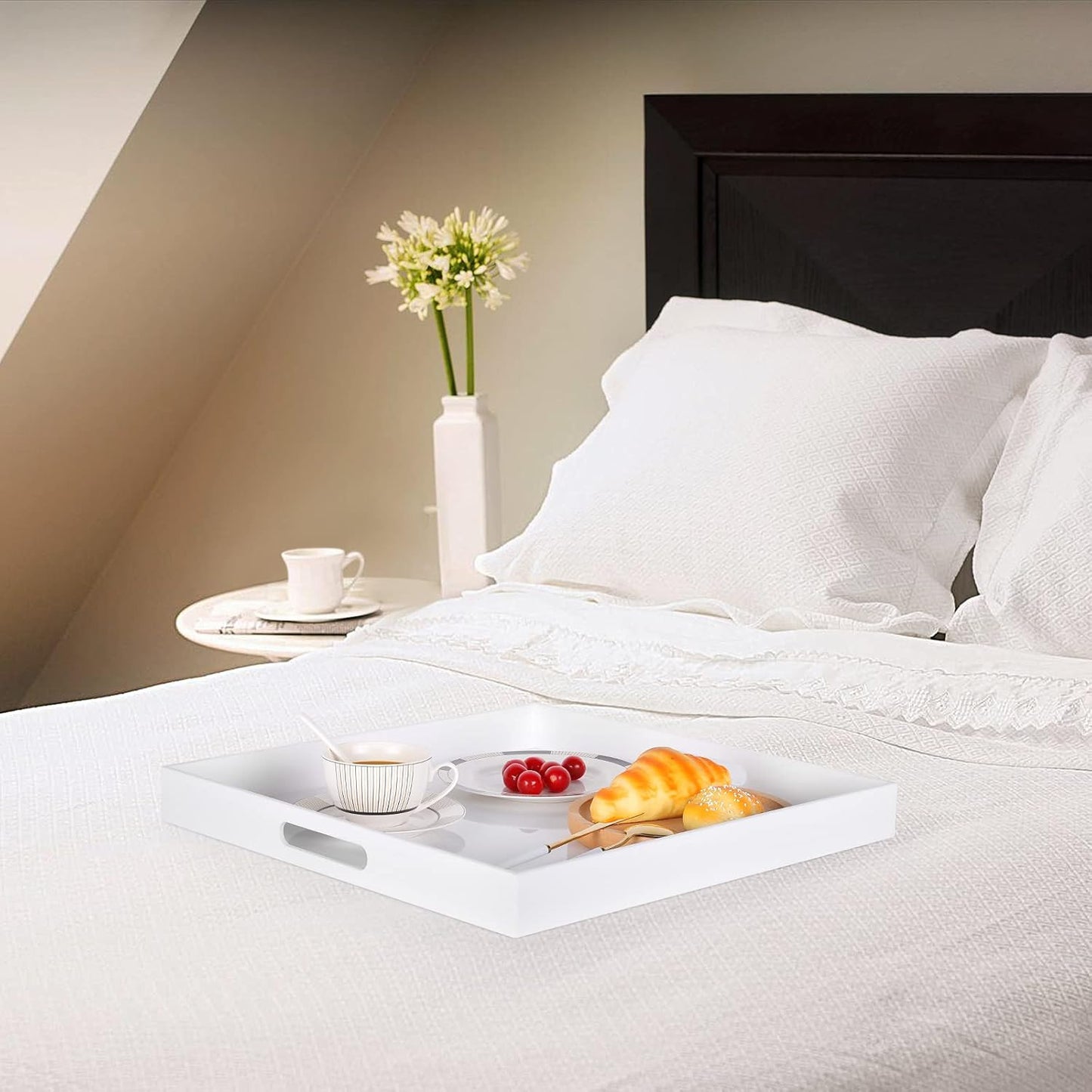 White Modern Acrylic Ottoman Tray with Cutout Handles 20x20 Inch Over-Sized Serving Tray Organizer Rubber Boot Tray Decorative for Living Room Bedroom,Bathroom and Entryway Kitchen