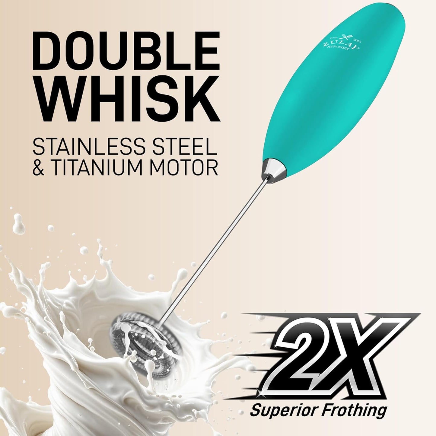 Zulay Kitchen Powerful Double Whisk Milk Frother Handheld - Foam Maker With Stand - Whisk Drink Mixer for Coffee, Mini Foamer for Latte, Matcha, Frappe, Hot Chocolate & Cappuccino (Caribbean Aqua)