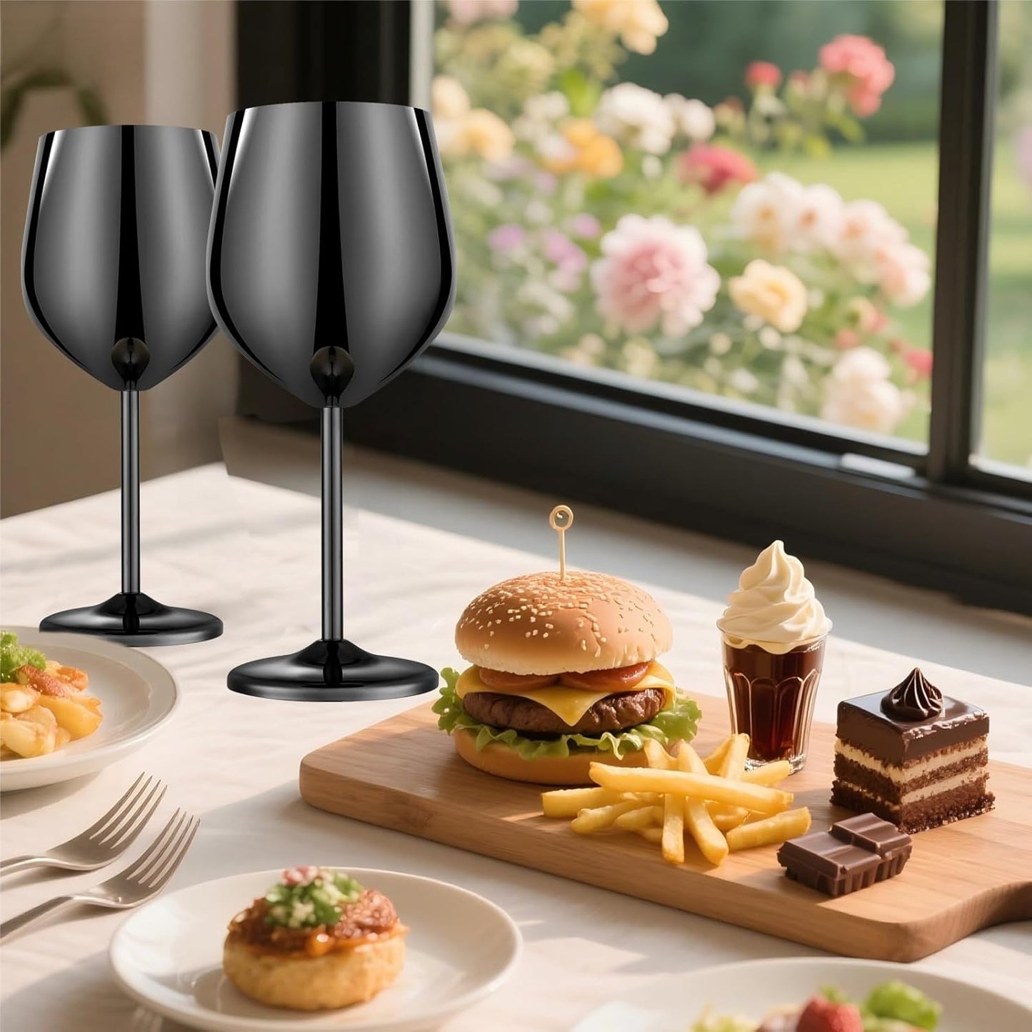 Stainless Steel Wine Glasses Set of 4 Unbreakable Wine Glass 18 oz Unique Metal Wine Goblets for Outdoor, Travel, Camping, Pool, Ideal Gift for Wine Lovers (Mirror-Black)