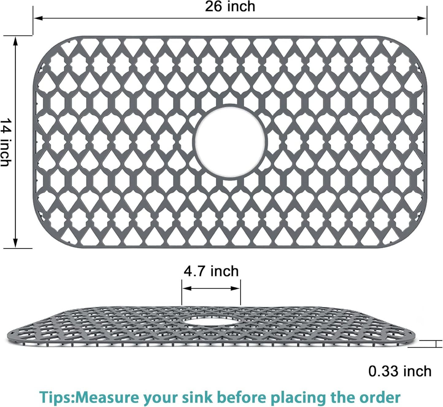 Large Sink Protectors for Kitchen Sink 19”x13”& 24”x13”& 26”x14”, Silicone Sink Mats Grid for Bottom of Farmhouse Stainless Steel Porcelain Sink (26”x14”, Center Drain)