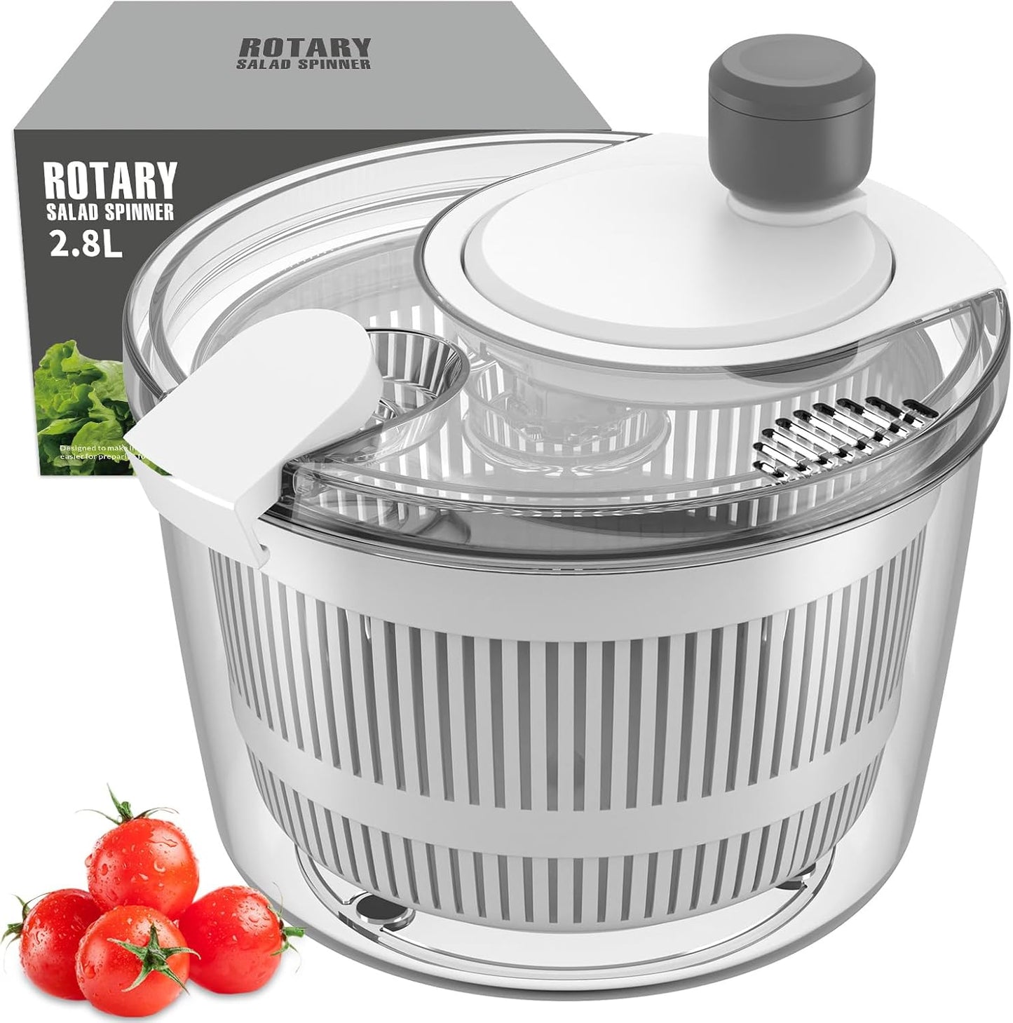 Ourokhome Salad Spinner Lettuce Dryer, Hand-crank Rotary Vegetable Dryer Veggie Washer with Transparent Bowl and Colander for Greens, Herb, Berry, Fruits, Macaroni, 2.8 QT, White