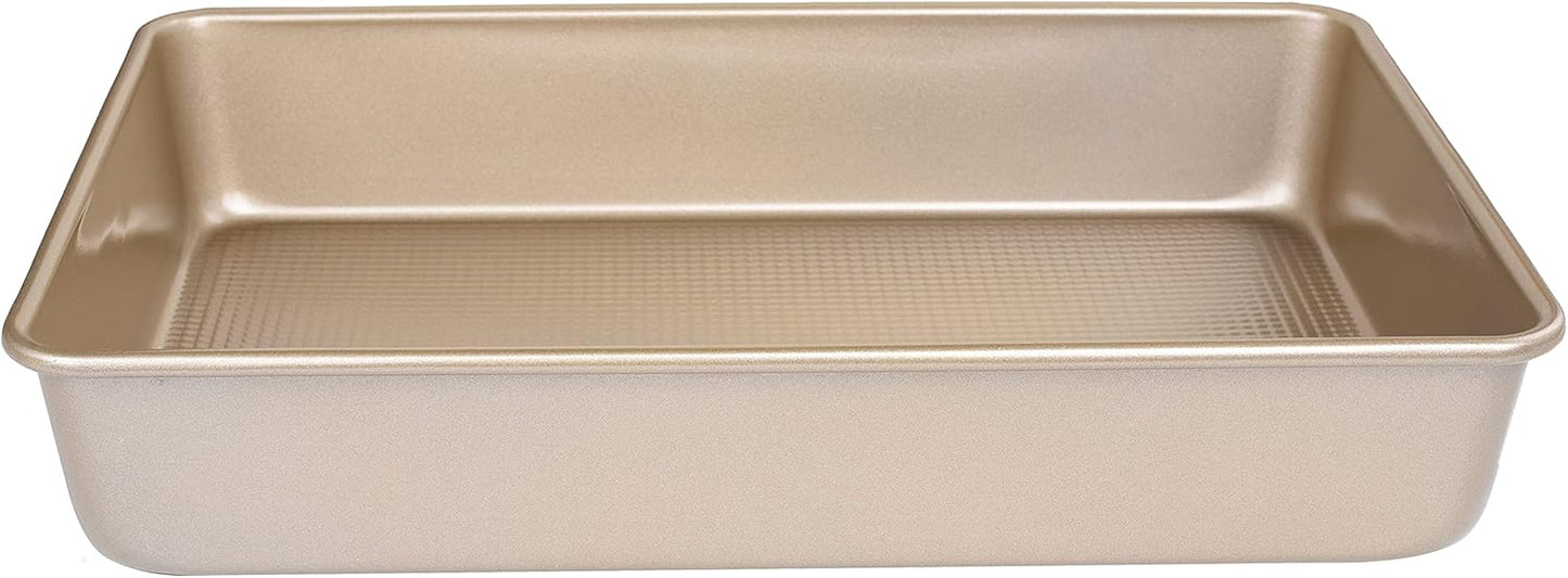 Kitcom Nonstick Roasting Pan for Baking, 13.4x9.4x2.4 Inch Cake Molds, Heavy Duty Rectangular Baking Pan for Oven, Champagne Gold