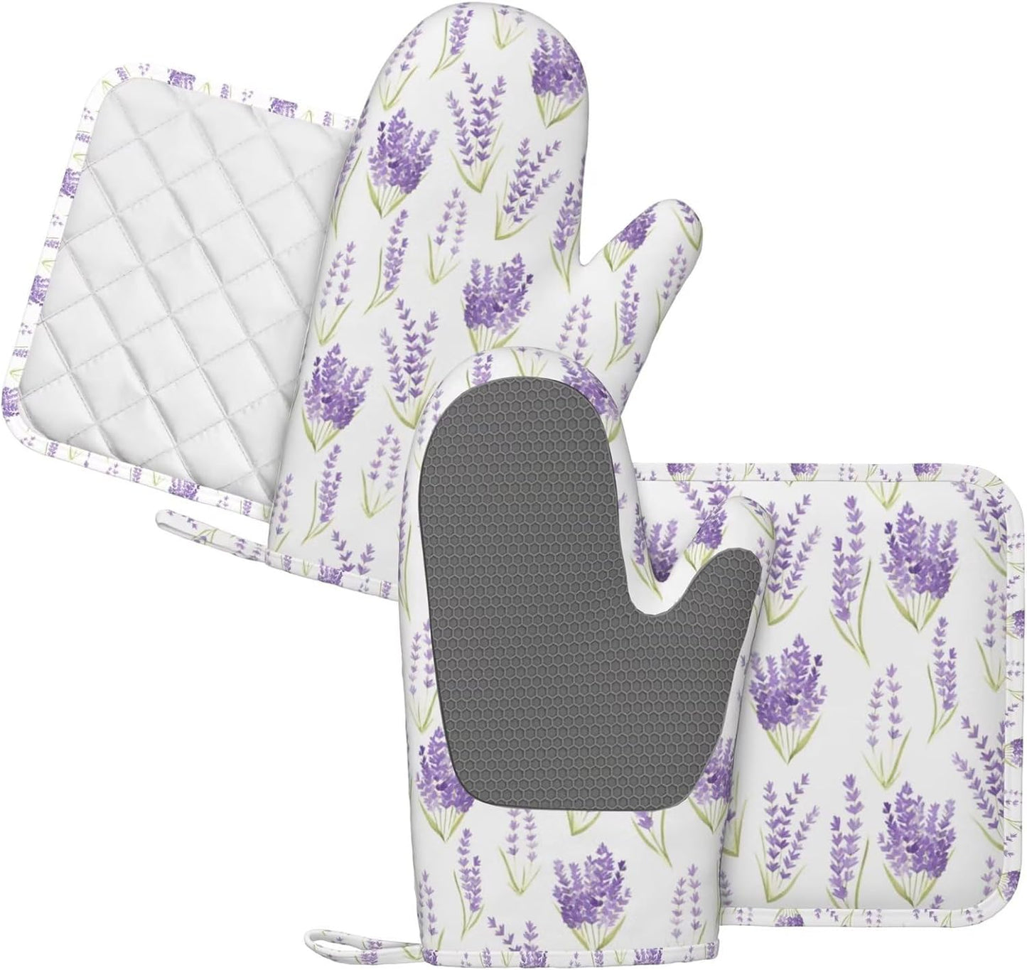 Lavender Spring Flowers Oven Mitts Pot Holders Set Silicone Lavenders Kitchen Oven Mitts Heat Resistant Potholders Non-Slip 4pcs Hot Pads and Oven Gloves Sets for Cooking