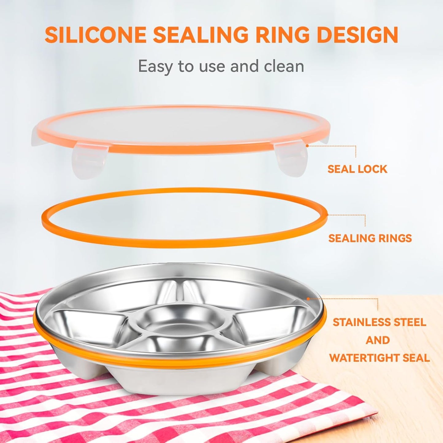 6-Compartment Stainless Steel Serving Tray with Lid - 10-inch Divided Snack/Vegetable/Fruit Tray for Christmas Parties, Snackle Box & Platter Container