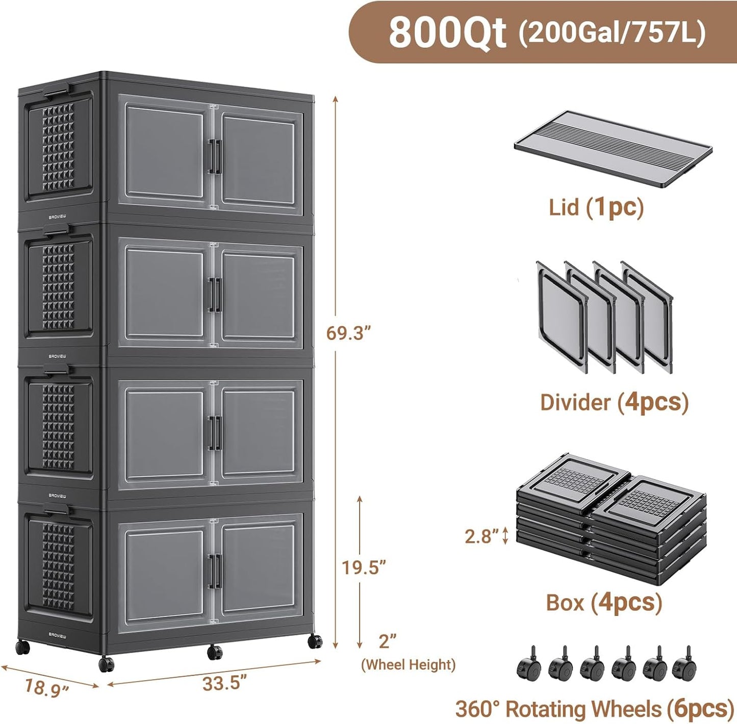 69.3"H 200Gal Plastic Storage Bins with Lid & Wheels,4Pack Extra Large Stackable Storage Bins with Dividers,Closet Organizers and Storage Cabinet Shelves Collapsible Box for Home Kitchen,Black
