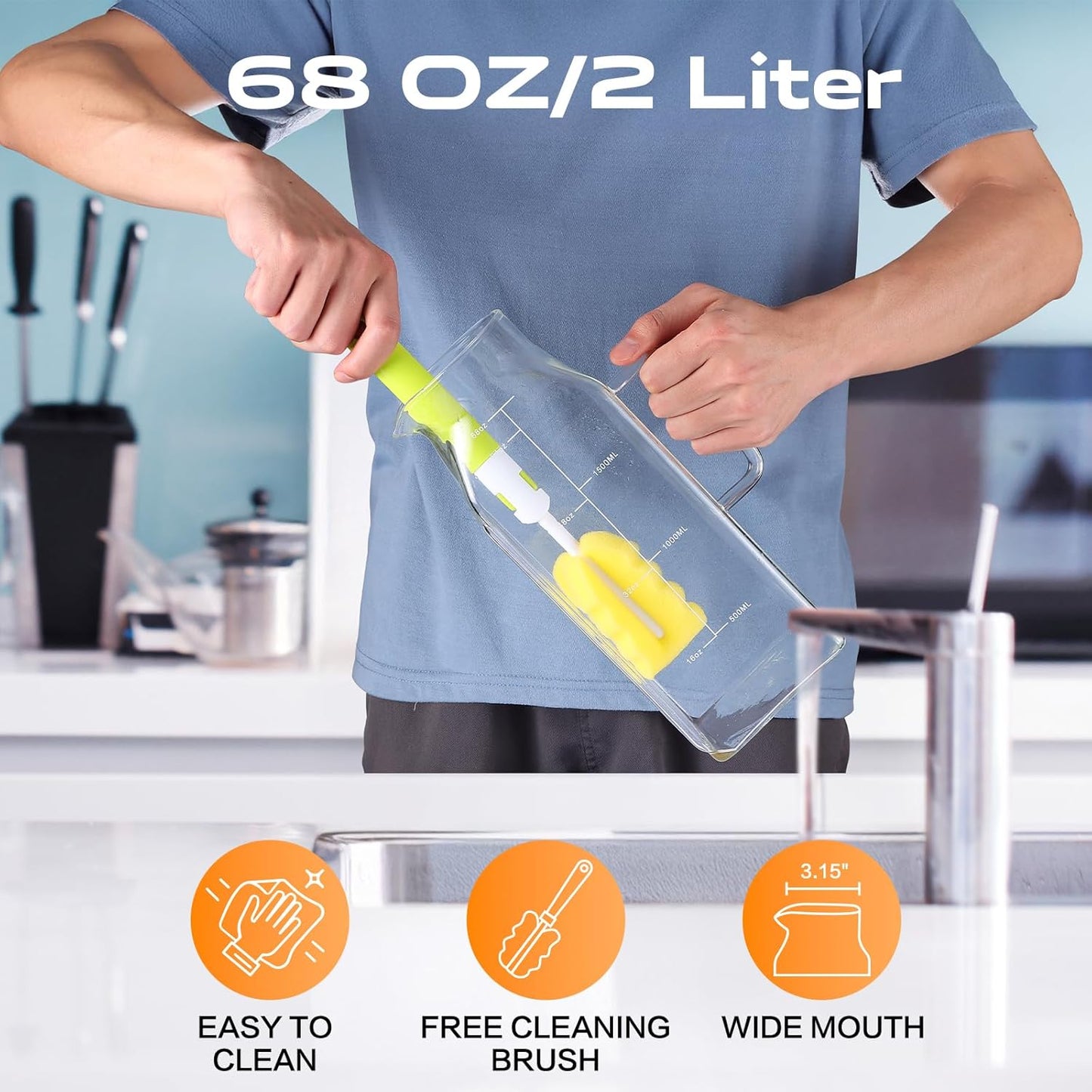 2 Liters/68oz 2 Pack Square Glass Pitcher with Lid and Handle for Bridge Door, Aofmee Borosilicate Glass Heat Resistant Dishwasher Safe Iced Tea Jar, Carafe with Scale Line for Hot/Cold Beverage