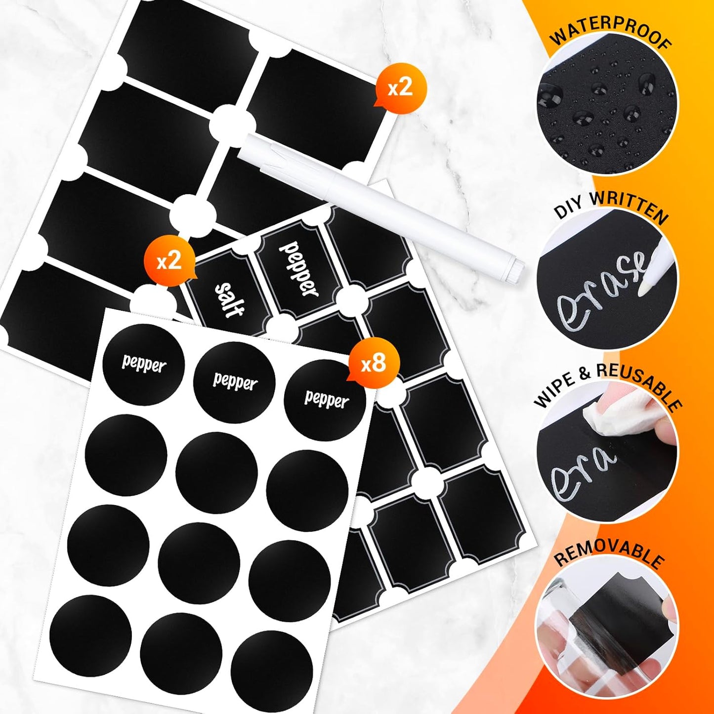 Segarty Spice Jars with Labels, 6 Pack 5oz Glass Spice Containers with Lids, Empty Clear Salt Shakers for Kitchen Condiment Storage, Spice Bottles Set with 136 Stickers, 1 Marker Pen and 1 Brush