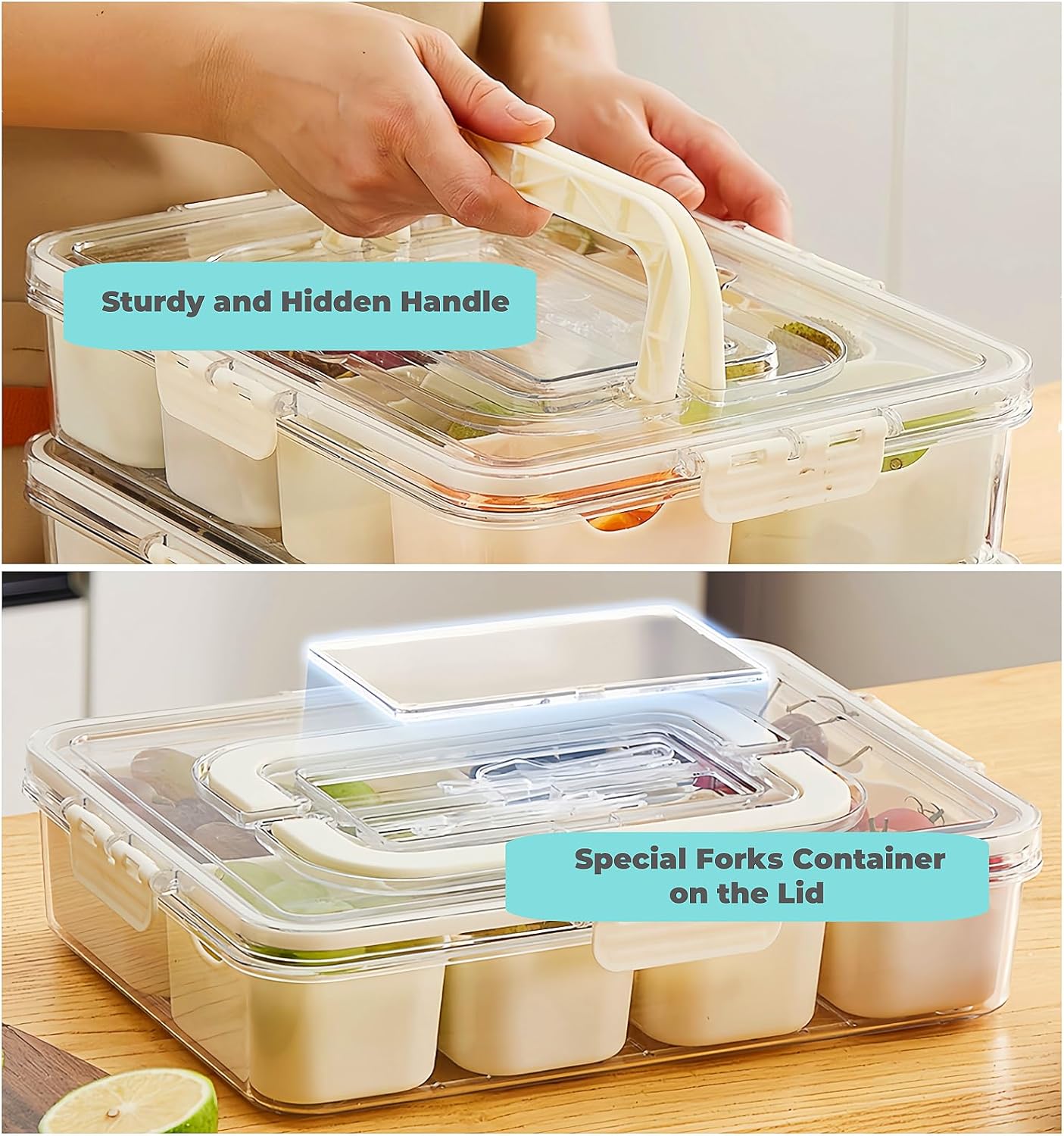 2 Pack Snackle Box Container, Divided Serving Tray with Lid & Handle, Portable Snack Box Food Organizer for Nuts,Candy,Fruits, Snack Platter with 8 Compartments&6 forks for Party, Picnic, Travel