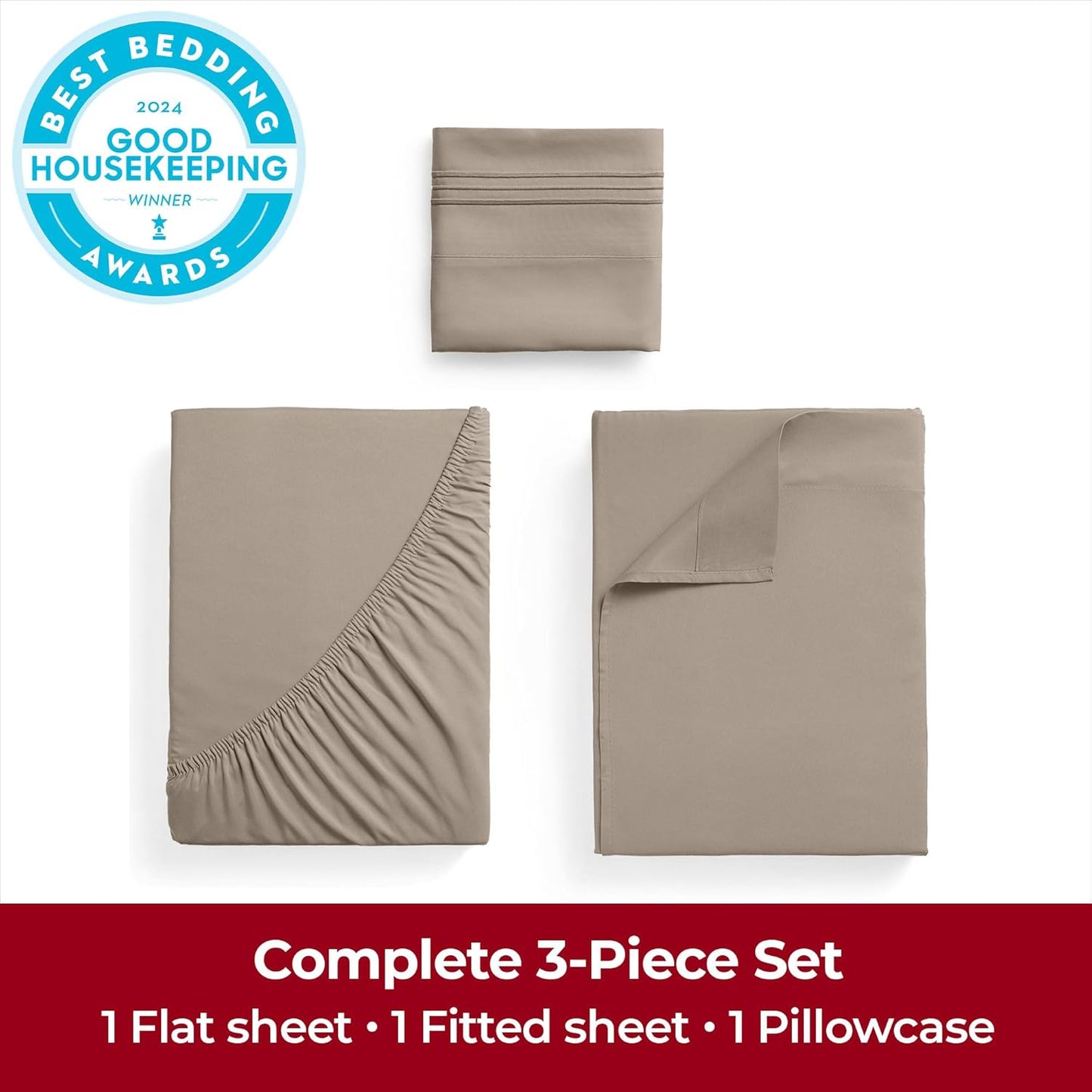 Mellanni Extra Deep Twin Sheets - 3 PC Iconic Collection Bedding - Hotel Luxury, Ultra Soft, Cooling Bed Sheets - Wrinkle, Fade, Stain Resistant (Twin, Tan)