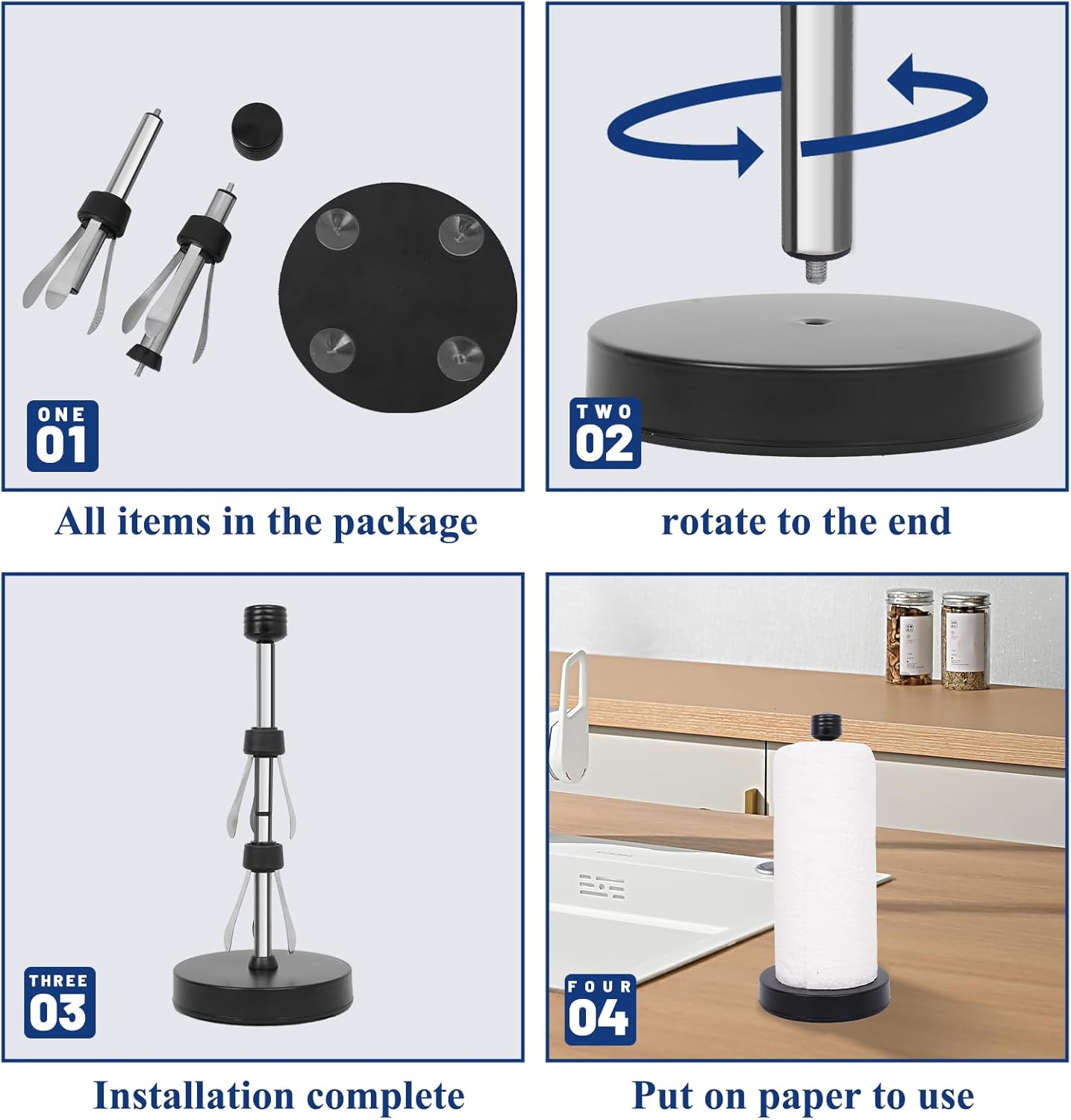 Stainless Steel Black Paper Towel Holder Designed for Easy One-Handed Operation - This Sturdy Weighted Paper Towel Dispenser Countertop Model Has Suction Cups and Holds All Paper Towel Rolls (Black)