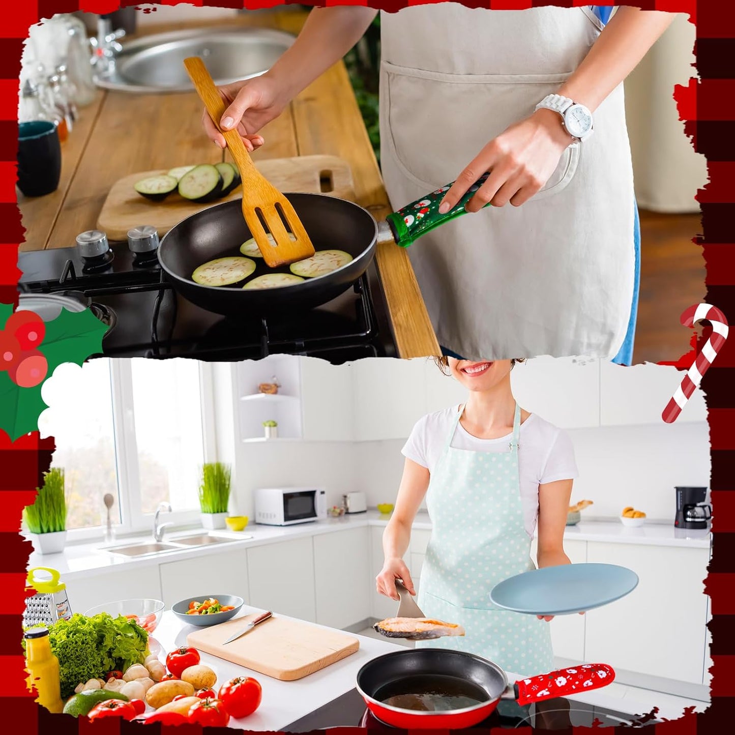 Patelai 8 Pack Christmas Cast Iron Skillet Handle Covers Red Green Hot Pot Handle Holder Cover Heat Resistant Non Slip Cast Iron Skillet Potholders Sleeves Protector for Kitchen Cooking Baking BBQ