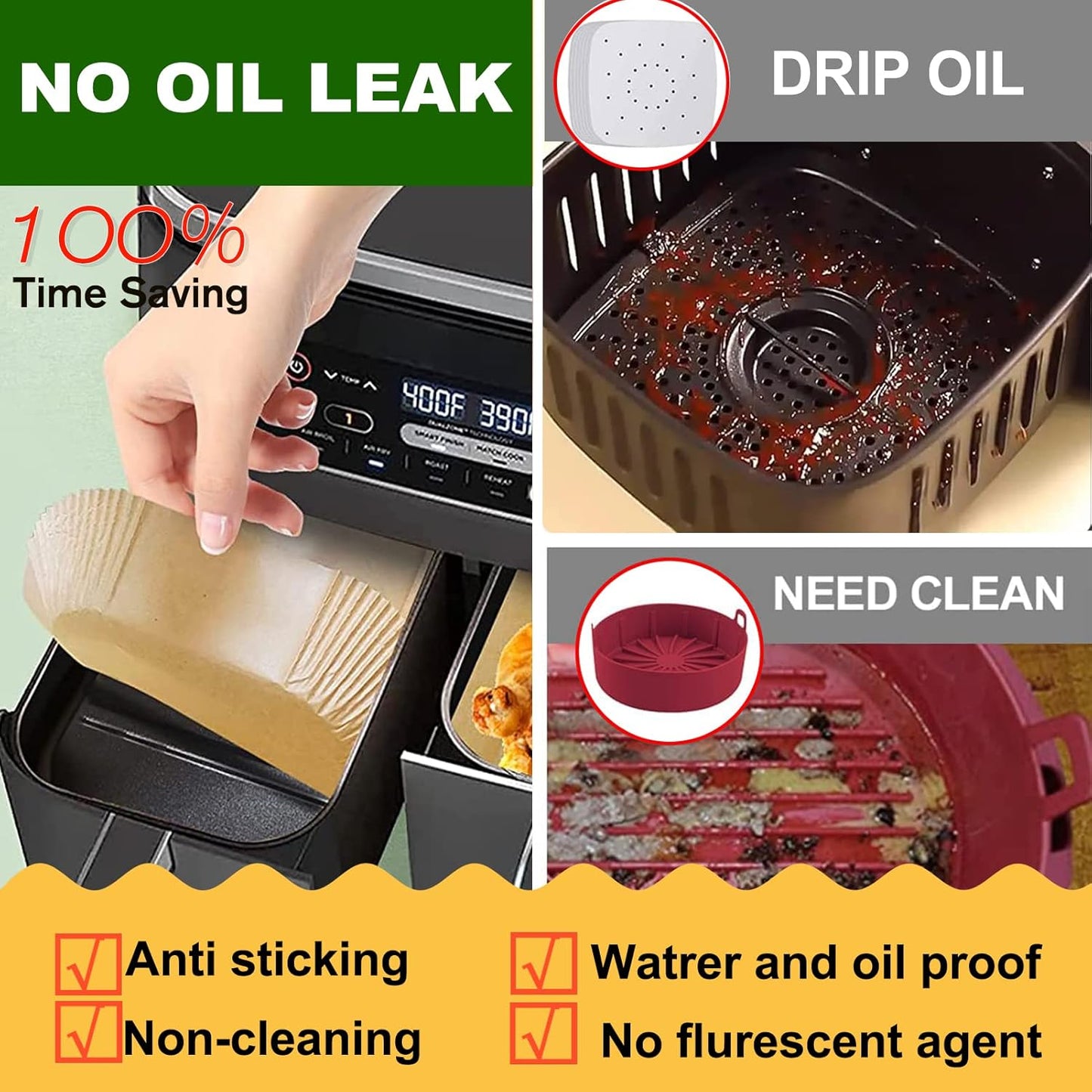 Air Fryer Liners for bella 4Qt Slim Air Fryer, Bella Air Fryer Accessories, Parchment Paper Liners Disposable Rectangular for Ninja Foodi 2-Basket, Instant Pot Vortex Plus, PowerXL Vortex(100Pcs)